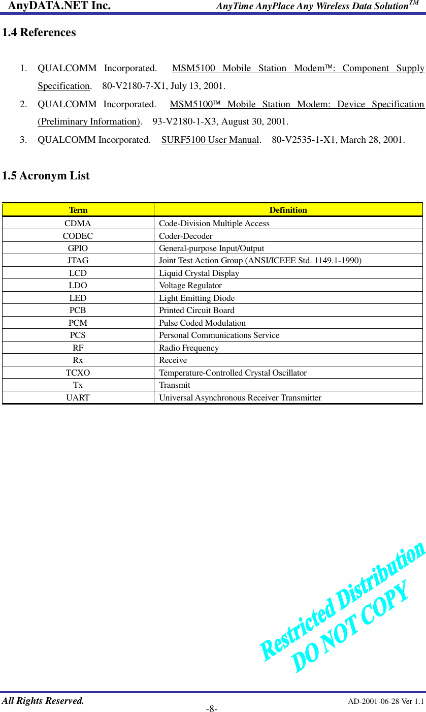 AnyDATA.NET Inc.                     AnyTime AnyPlace Any Wireless Data SolutionTM   All Rights Reserved.                                                AD-2001-06-28 Ver 1.1    -8- 1.4 References  1.  QUALCOMM Incorporated.  MSM5100 Mobile Station Modem: Component Supply Specification.  80-V2180-7-X1, July 13, 2001. 2.  QUALCOMM Incorporated.  MSM5100 Mobile Station Modem: Device Specification (Preliminary Information).  93-V2180-1-X3, August 30, 2001. 3.  QUALCOMM Incorporated.  SURF5100 User Manual.  80-V2535-1-X1, March 28, 2001.  1.5 Acronym List  Term  Definition CDMA  Code-Division Multiple Access CODEC  Coder-Decoder GPIO  General-purpose Input/Output JTAG  Joint Test Action Group (ANSI/ICEEE Std. 1149.1-1990) LCD  Liquid Crystal Display LDO  Voltage Regulator LED  Light Emitting Diode PCB  Printed Circuit Board PCM  Pulse Coded Modulation PCS  Personal Communications Service RF  Radio Frequency Rx  Receive TCXO  Temperature-Controlled Crystal Oscillator Tx  Transmit UART  Universal Asynchronous Receiver Transmitter                