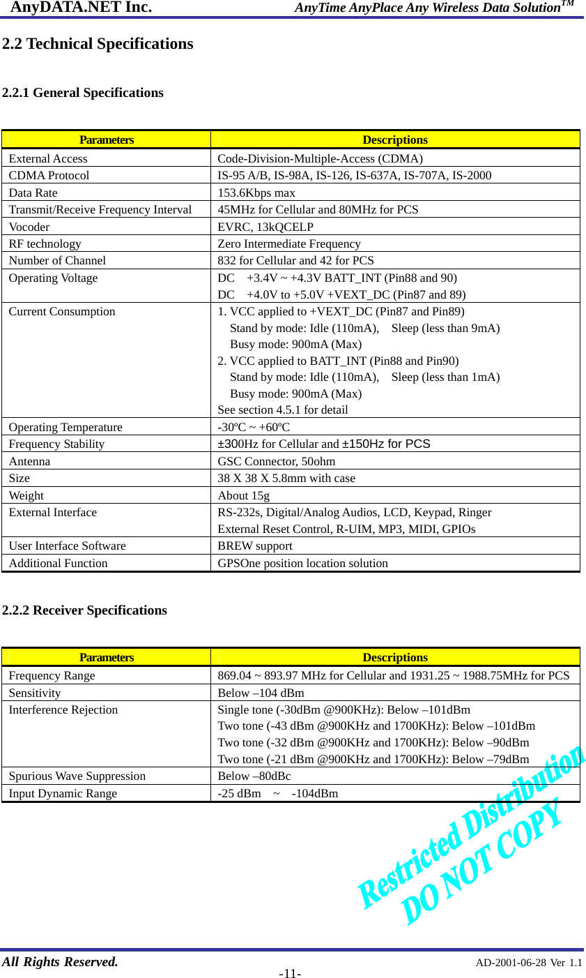 AnyDATA.NET Inc.                     AnyTime AnyPlace Any Wireless Data SolutionTM   All Rights Reserved.                                                AD-2001-06-28 Ver 1.1  -11-2.2 Technical Specifications  2.2.1 General Specifications  Parameters  Descriptions External Access  Code-Division-Multiple-Access (CDMA) CDMA Protocol  IS-95 A/B, IS-98A, IS-126, IS-637A, IS-707A, IS-2000 Data Rate  153.6Kbps max Transmit/Receive Frequency Interval  45MHz for Cellular and 80MHz for PCS Vocoder EVRC, 13kQCELP RF technology  Zero Intermediate Frequency Number of Channel  832 for Cellular and 42 for PCS Operating Voltage  DC    +3.4V ~ +4.3V BATT_INT (Pin88 and 90) DC    +4.0V to +5.0V +VEXT_DC (Pin87 and 89) Current Consumption  1. VCC applied to +VEXT_DC (Pin87 and Pin89) Stand by mode: Idle (110mA),    Sleep (less than 9mA) Busy mode: 900mA (Max) 2. VCC applied to BATT_INT (Pin88 and Pin90) Stand by mode: Idle (110mA),    Sleep (less than 1mA) Busy mode: 900mA (Max) See section 4.5.1 for detail Operating Temperature  -30ºC ~ +60ºC Frequency Stability  ±300Hz for Cellular and ±150Hz for PCS Antenna  GSC Connector, 50ohm Size  38 X 38 X 5.8mm with case Weight About 15g External Interface  RS-232s, Digital/Analog Audios, LCD, Keypad, Ringer External Reset Control, R-UIM, MP3, MIDI, GPIOs User Interface Software  BREW support Additional Function  GPSOne position location solution  2.2.2 Receiver Specifications  Parameters  Descriptions Frequency Range  869.04 ~ 893.97 MHz for Cellular and 1931.25 ~ 1988.75MHz for PCS Sensitivity  Below –104 dBm Interference Rejection  Single tone (-30dBm @900KHz): Below –101dBm Two tone (-43 dBm @900KHz and 1700KHz): Below –101dBm Two tone (-32 dBm @900KHz and 1700KHz): Below –90dBm Two tone (-21 dBm @900KHz and 1700KHz): Below –79dBm Spurious Wave Suppression  Below –80dBc Input Dynamic Range  -25 dBm    ~    -104dBm      