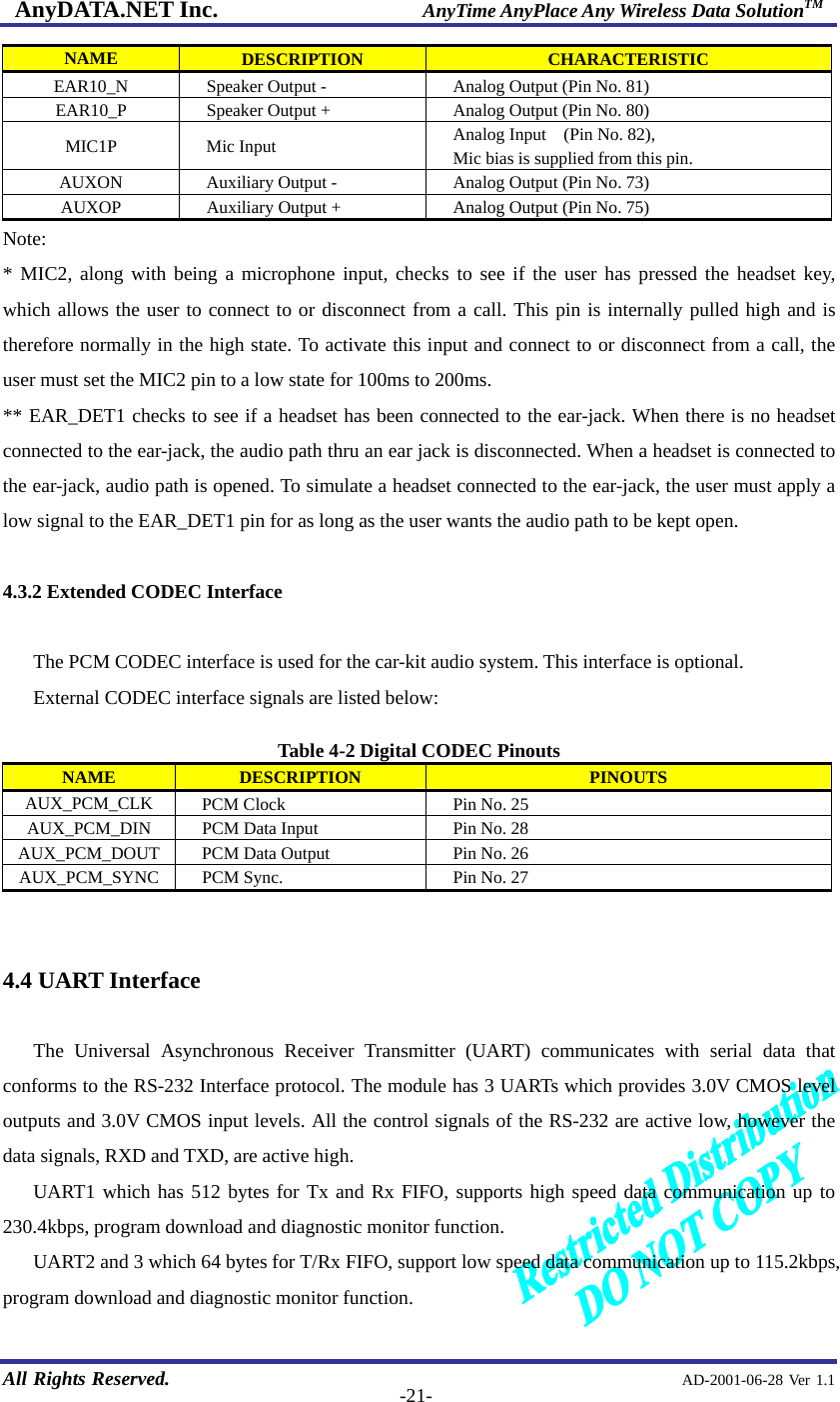 AnyDATA.NET Inc.                     AnyTime AnyPlace Any Wireless Data SolutionTM   All Rights Reserved.                                                AD-2001-06-28 Ver 1.1  -21-NAME  DESCRIPTION  CHARACTERISTIC EAR10_N  Speaker Output -  Analog Output (Pin No. 81) EAR10_P  Speaker Output +  Analog Output (Pin No. 80) MIC1P Mic Input  Analog Input  (Pin No. 82),  Mic bias is supplied from this pin. AUXON  Auxiliary Output -  Analog Output (Pin No. 73) AUXOP  Auxiliary Output +  Analog Output (Pin No. 75) Note:  * MIC2, along with being a microphone input, checks to see if the user has pressed the headset key, which allows the user to connect to or disconnect from a call. This pin is internally pulled high and is therefore normally in the high state. To activate this input and connect to or disconnect from a call, the user must set the MIC2 pin to a low state for 100ms to 200ms. ** EAR_DET1 checks to see if a headset has been connected to the ear-jack. When there is no headset connected to the ear-jack, the audio path thru an ear jack is disconnected. When a headset is connected to the ear-jack, audio path is opened. To simulate a headset connected to the ear-jack, the user must apply a low signal to the EAR_DET1 pin for as long as the user wants the audio path to be kept open.  4.3.2 Extended CODEC Interface  The PCM CODEC interface is used for the car-kit audio system. This interface is optional.   External CODEC interface signals are listed below:    Table 4-2 Digital CODEC Pinouts NAME  DESCRIPTION  PINOUTS AUX_PCM_CLK      PCM Clock  Pin No. 25 AUX_PCM_DIN      PCM Data Input  Pin No. 28 AUX_PCM_DOUT   PCM Data Output  Pin No. 26 AUX_PCM_SYNC      PCM Sync.  Pin No. 27   4.4 UART Interface  The Universal Asynchronous Receiver Transmitter (UART) communicates with serial data that conforms to the RS-232 Interface protocol. The module has 3 UARTs which provides 3.0V CMOS level outputs and 3.0V CMOS input levels. All the control signals of the RS-232 are active low, however the data signals, RXD and TXD, are active high. UART1 which has 512 bytes for Tx and Rx FIFO, supports high speed data communication up to 230.4kbps, program download and diagnostic monitor function. UART2 and 3 which 64 bytes for T/Rx FIFO, support low speed data communication up to 115.2kbps, program download and diagnostic monitor function.     