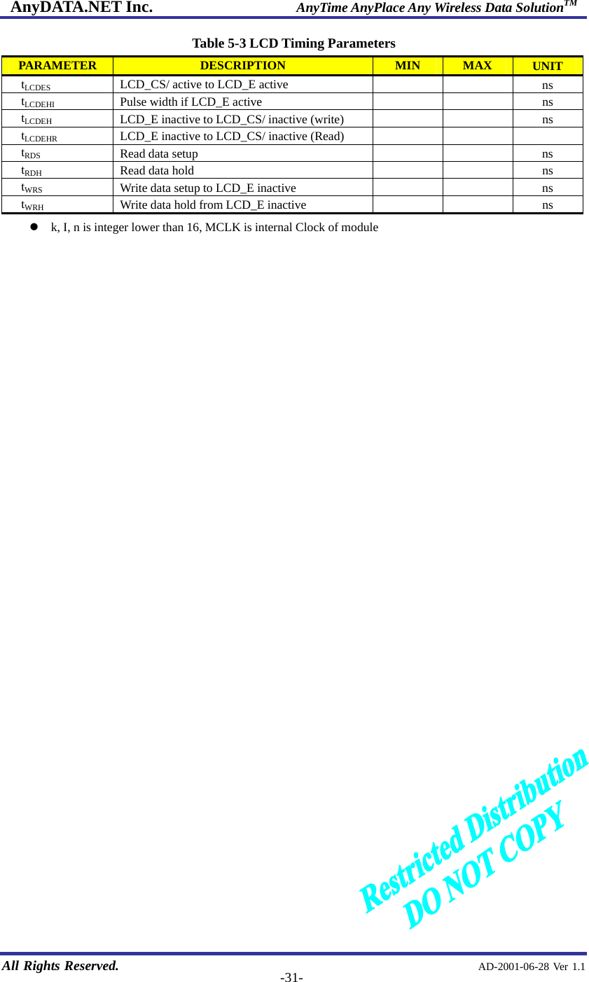 AnyDATA.NET Inc.                     AnyTime AnyPlace Any Wireless Data SolutionTM   All Rights Reserved.                                                AD-2001-06-28 Ver 1.1  -31-Table 5-3 LCD Timing Parameters PARAMETER  DESCRIPTION  MIN  MAX  UNIT tLCDES  LCD_CS/ active to LCD_E active    ns tLCDEHI Pulse width if LCD_E active      ns tLCDEH LCD_E inactive to LCD_CS/ inactive (write)      ns tLCDEHR LCD_E inactive to LCD_CS/ inactive (Read)       tRDS Read data setup      ns tRDH Read data hold      ns tWRS Write data setup to LCD_E inactive      ns tWRH Write data hold from LCD_E inactive      ns  k, I, n is integer lower than 16, MCLK is internal Clock of module                             