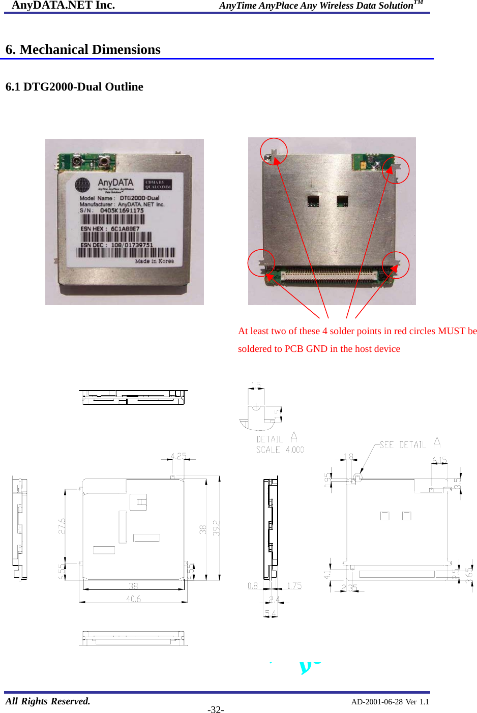 AnyDATA.NET Inc.                     AnyTime AnyPlace Any Wireless Data SolutionTM   All Rights Reserved.                                                AD-2001-06-28 Ver 1.1  -32- 6. Mechanical Dimensions  6.1 DTG2000-Dual Outline                  At least two of these 4 solder points in red circles MUST be soldered to PCB GND in the host device 