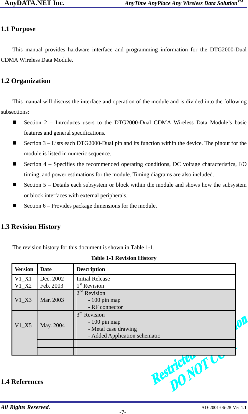 AnyDATA.NET Inc.                     AnyTime AnyPlace Any Wireless Data SolutionTM   All Rights Reserved.                                                AD-2001-06-28 Ver 1.1  -7- 1.1 Purpose    This manual provides hardware interface and programming information for the DTG2000-Dual CDMA Wireless Data Module.  1.2 Organization  This manual will discuss the interface and operation of the module and is divided into the following subsections:   Section 2 – Introduces users to the DTG2000-Dual CDMA Wireless Data Module’s basic features and general specifications.   Section 3 – Lists each DTG2000-Dual pin and its function within the device. The pinout for the module is listed in numeric sequence.   Section 4 – Specifies the recommended operating conditions, DC voltage characteristics, I/O timing, and power estimations for the module. Timing diagrams are also included.   Section 5 – Details each subsystem or block within the module and shows how the subsystem or block interfaces with external peripherals.   Section 6 – Provides package dimensions for the module.  1.3 Revision History  The revision history for this document is shown in Table 1-1.   Table 1-1 Revision History Version Date  Description V1_X1 Dec. 2002  Initial Release  V1_X2  Feb. 2003  1st Revision V1_X3  Mar. 2003  2nd Revision - 100 pin map - RF connector V1_X5  May. 2004 3rd Revision - 100 pin map - Metal case drawing - Added Application schematic               1.4 References 