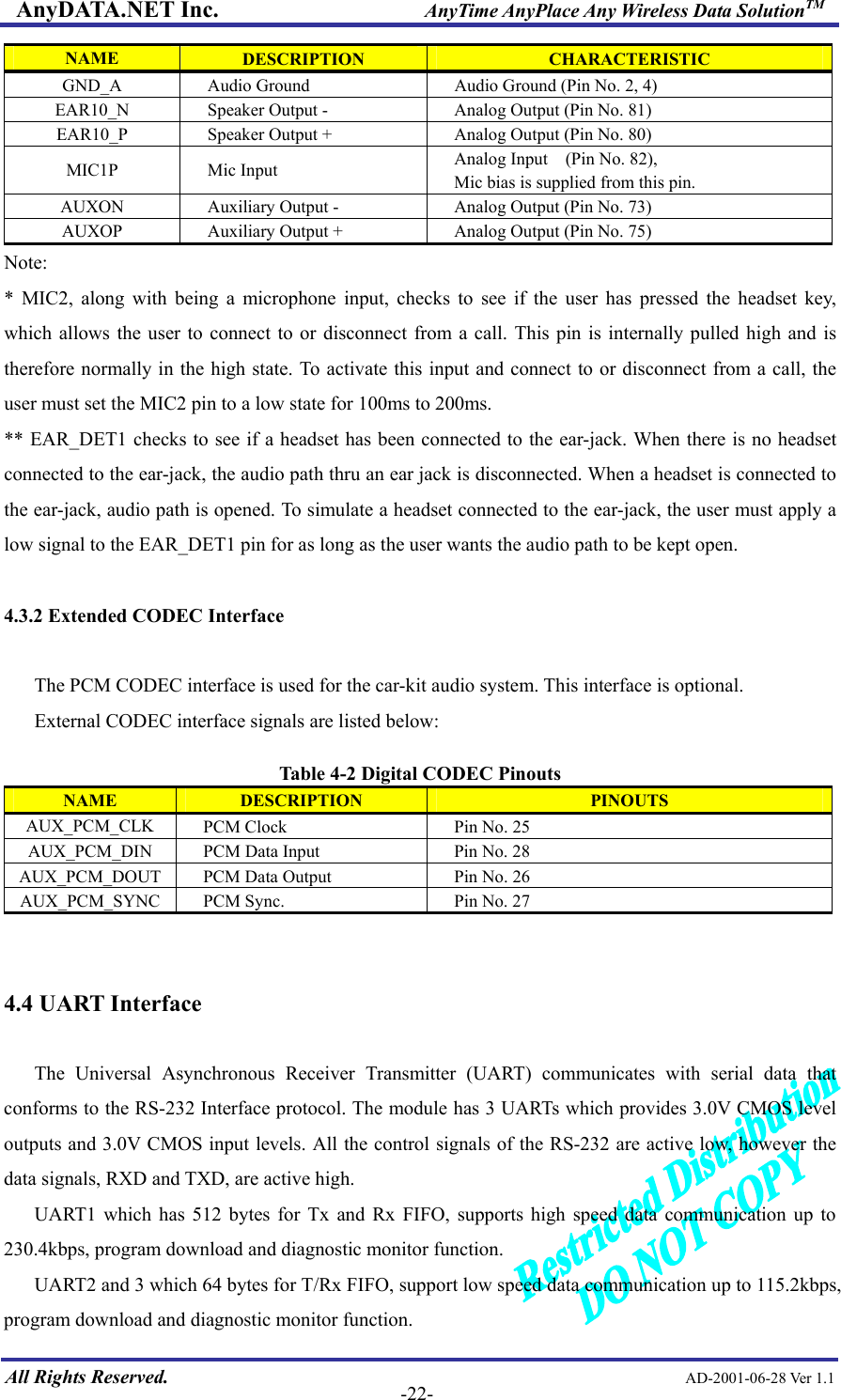AnyDATA.NET Inc.                     AnyTime AnyPlace Any Wireless Data SolutionTM NAME  DESCRIPTION  CHARACTERISTIC GND_A  Audio Ground      Audio Ground (Pin No. 2, 4) EAR10_N  Speaker Output -  Analog Output (Pin No. 81) EAR10_P  Speaker Output +  Analog Output (Pin No. 80) MIC1P Mic Input  Analog Input    (Pin No. 82),   Mic bias is supplied from this pin. AUXON  Auxiliary Output -  Analog Output (Pin No. 73) AUXOP  Auxiliary Output +  Analog Output (Pin No. 75) Note:  * MIC2, along with being a microphone input, checks to see if the user has pressed the headset key, which allows the user to connect to or disconnect from a call. This pin is internally pulled high and is therefore normally in the high state. To activate this input and connect to or disconnect from a call, the user must set the MIC2 pin to a low state for 100ms to 200ms. ** EAR_DET1 checks to see if a headset has been connected to the ear-jack. When there is no headset connected to the ear-jack, the audio path thru an ear jack is disconnected. When a headset is connected to the ear-jack, audio path is opened. To simulate a headset connected to the ear-jack, the user must apply a low signal to the EAR_DET1 pin for as long as the user wants the audio path to be kept open.  4.3.2 Extended CODEC Interface  The PCM CODEC interface is used for the car-kit audio system. This interface is optional.   External CODEC interface signals are listed below:    Table 4-2 Digital CODEC Pinouts NAME  DESCRIPTION  PINOUTS AUX_PCM_CLK      PCM Clock  Pin No. 25 AUX_PCM_DIN      PCM Data Input  Pin No. 28 AUX_PCM_DOUT    PCM Data Output  Pin No. 26 AUX_PCM_SYNC      PCM Sync.  Pin No. 27   4.4 UART Interface  The Universal Asynchronous Receiver Transmitter (UART) communicates with serial data that conforms to the RS-232 Interface protocol. The module has 3 UARTs which provides 3.0V CMOS level outputs and 3.0V CMOS input levels. All the control signals of the RS-232 are active low, however the data signals, RXD and TXD, are active high.  All Rights Reserved.                                                AD-2001-06-28 Ver 1.1  -22-UART1 which has 512 bytes for Tx and Rx FIFO, supports high speed data communication up to 230.4kbps, program download and diagnostic monitor function. UART2 and 3 which 64 bytes for T/Rx FIFO, support low speed data communication up to 115.2kbps, program download and diagnostic monitor function.     