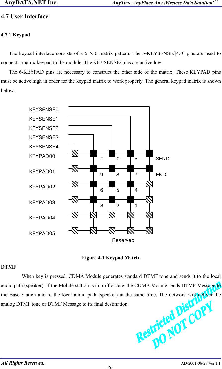 AnyDATA.NET Inc.                     AnyTime AnyPlace Any Wireless Data SolutionTM 4.7 User Interface  4.7.1 Keypad  The keypad interface consists of a 5 X 6 matrix pattern. The 5-KEYSENSE/[4:0] pins are used to connect a matrix keypad to the module. The KEYSENSE/ pins are active low. The 6-KEYPAD pins are necessary to construct the other side of the matrix. These KEYPAD pins must be active high in order for the keypad matrix to work properly. The general keypad matrix is shown below:                 32 165 498 7END#0*SENDKEYSENSE0KEYSENSE1KEYSENSE2KEYSENSE3KEYSENSE4KEYPAD00KEYPAD01KEYPAD02KEYPAD03KEYPAD04KEYPAD05 Reserved Figure 4-1 Keypad Matrix DTMF When key is pressed, CDMA Module generates standard DTMF tone and sends it to the local audio path (speaker). If the Mobile station is in traffic state, the CDMA Module sends DTMF Message to the Base Station and to the local audio path (speaker) at the same time. The network will deliver the analog DTMF tone or DTMF Message to its final destination.   All Rights Reserved.                                                AD-2001-06-28 Ver 1.1  -26-