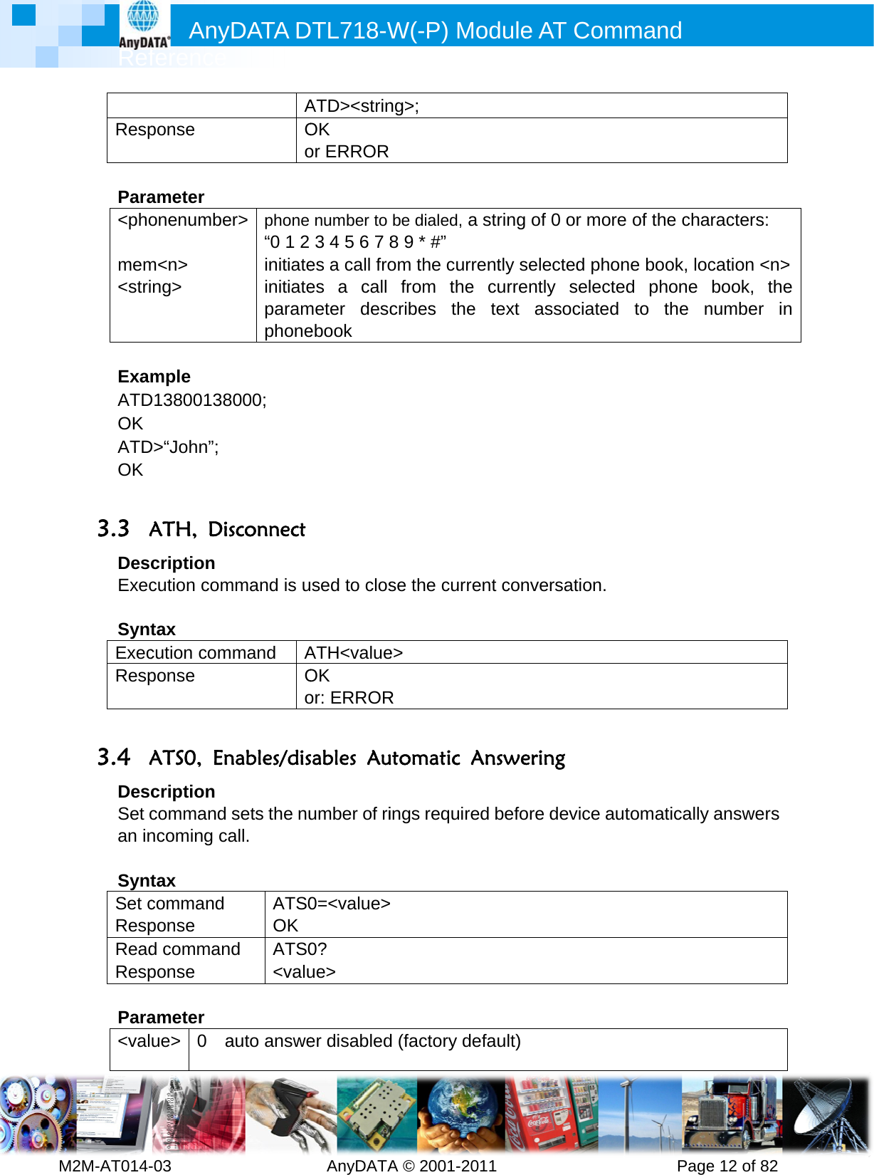         MRef2M-AT014-Resp Para&lt;pho mem&lt;stri ExamATDOK ATDOK  3.3 ADesExec SyntExecResp 3.4 ADesSet can in SyntSet cRespReadResp Para&lt;valAnyference -03        ponse ameter onenumbem&lt;n&gt;     ng&gt; mple D13800138D&gt;“John”; ATH, Discription cution comtax cution componse ATS0, Encription command ncoming catax command ponse d commanponse ameter ue&gt; 0  aDATA D         AOoer&gt;    phone “0 1 2 initiateinitiateparamphone8000; sconnect mmand is ummand AOonables/dissets the nuall. ATS0OK d ATS0&lt;valuauto answeDTL718-W  AnyDATAATD&gt;&lt;strinOK or ERRORnumber to 3 4 5 6 7 8es a call froes a call meter descebook   sed to closATH&lt;valueOK or: ERRORsables Auumber of ri0=&lt;value&gt;0?  ue&gt; er disabledW(-P) MA © 2001-2ng&gt;; be dialed, a8 9 * #” om the curfrom thecribes these the curre&gt; R utomatic ings requir d (factory dModule A011       a string of rrently selee currentlye text asrent conveAnswerinred before default) AT Comm          0 or more ected phony selectedssociated rsation. ng device autmand      Pageof the chae book, locd phone to the ntomaticallye 12 of 82aracters: cation &lt;n&gt;book, thenumber in answers &gt;e n 