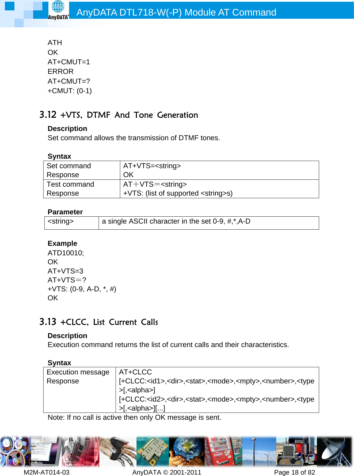         MRef2M-AT014-ATHOK AT+ERRAT++CM 3.12 +DesSet c SyntSet cRespTest Resp Para&lt;stri ExamATDOK AT+VAT+V+VTOK  3.13 +DesExec  SyntExecResp  Note Anyference -03        H CMUT=1 ROR CMUT=? MUT: (0-1) +VTS, DTcription command tax command ponse commandponse ameter ng&gt; mple D10010; VTS=3 VTS＝? S: (0-9, A-+CLCC, cription cution comtax cution mesponse e: If no callDATA D         TMF Andallows theAOd A+a single-D, *, #)   List Curremmand retussage AT[+C&gt;[[+C&gt;[ is active tDTL718-W  AnyDATAd Tone Ge transmissAT+VTS=&lt;OK AT＋VTS＝+VTS: (list e ASCII chaent Callsurns the lisT+CLCC CLCC:&lt;id1,&lt;alpha&gt;]CLCC:&lt;id2,&lt;alpha&gt;][.then only OW(-P) MA © 2001-2Generatiosion of DTM&lt;string&gt; ＝&lt;string&gt;of supportaracter in t t of curren1&gt;,&lt;dir&gt;,&lt;s2&gt;,&lt;dir&gt;,&lt;s...] OK messagModule A011       on MF tones.ted &lt;stringthe set 0-9t calls andstat&gt;,&lt;modstat&gt;,&lt;modge is sent.AT Comm           &gt;s) 9, #,*,A-D  their charde&gt;,&lt;mptyde&gt;,&lt;mptymand      Pageracteristicsy&gt;,&lt;numbey&gt;,&lt;numbee 18 of 82. er&gt;,&lt;typeer&gt;,&lt;type