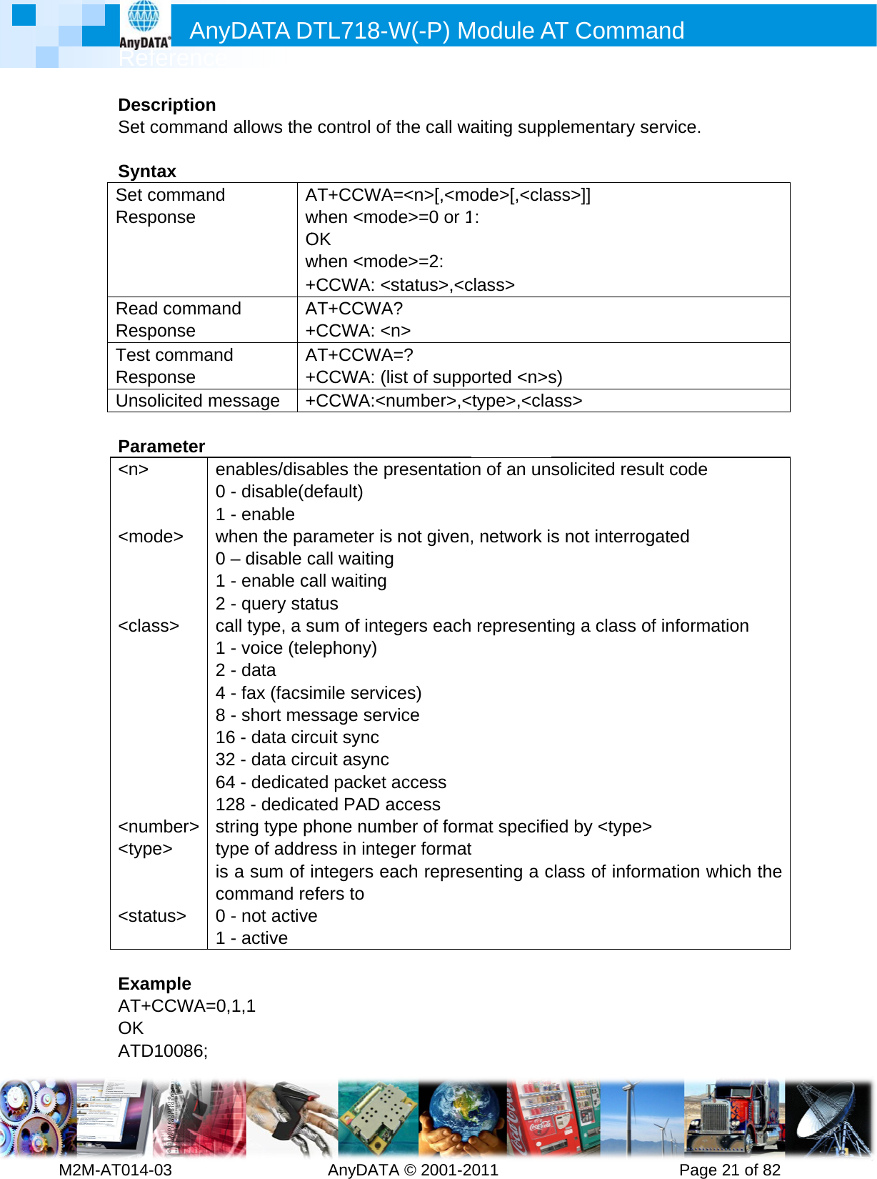         MRef2M-AT014-DesSet c SyntSet cRespReadRespTest RespUnso Para&lt;n&gt;   &lt;mo   &lt;cla        &lt;num&lt;typ  &lt;sta ExamAT+OK ATDAnyference -03        cription command tax command ponse d commanponse commandponse olicited meameter ode&gt; ss&gt; mber&gt; pe&gt; atus&gt; en0 -1 -wh0 –1 -2 -ca1 -2 -4 -8 -16326412strtypis co0 -1 -mple CCWA=0,D10086; DATA D         allows theAwOw+d A+d A+essage  +nables/disa- disable(d- enable hen the pa– disable c- enable ca- query staall type, a s- voice (tel- data   - fax (facsi- short me6 - data circ2 - data circ4 - dedicate28 - dedicaring type ppe of addrea sum of ommand re- not active- active 1,1 DTL718-W  AnyDATAe control of AT+CCWAwhen &lt;modOK when &lt;mod+CCWA: &lt;sAT+CCWA+CCWA: &lt;AT+CCWA+CCWA: (l+CCWA:&lt;nables the pdefault) arameter iscall waitingall waitingatus sum of intelephony) imile servicssage servcuit synccuit asynced packet ated PAD aphone numess in integintegers eaefers to e W(-P) MA © 2001-2fthe call waA=&lt;n&gt;[,&lt;mode&gt;=0 or 1de&gt;=2: status&gt;,&lt;cA? n&gt; A=? ist of suppnumber&gt;,&lt;presentatios not given,g egers eachces) vice access access ber of formger formatach represModule A011       aiting suppode&gt;[,&lt;cla: class&gt;  orted &lt;n&gt;stype&gt;,&lt;clan of an un, network i representmat specifiet senting a cAT Comm          plementaryass&gt;]] s) ass&gt; solicited res not interrting a classed by &lt;typclass of infmand      Pagey service. esult code rogated s of informpe&gt; formation we 21 of 82ation  which the 