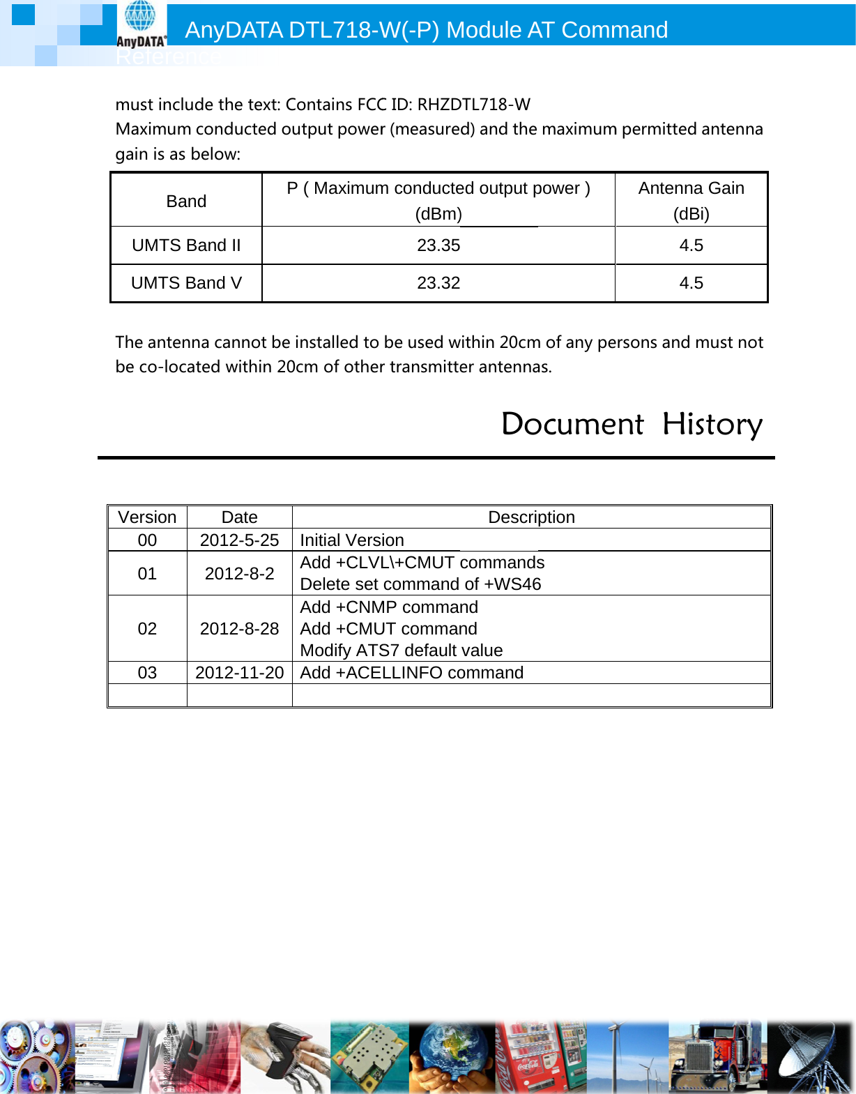 RefmusMaxgain The be c   Vers0000 UMUMAnyference t include thimum cond is as belowantenna cao-located wsion D0 2011 202 2013 2012Band MTS BandMTS Band DATA Dhe text: Coducted outw: annot be inwithin 20cDate 2-5-25 I12-8-2 AD2-8-28 AAM2-11-20 A  P  II V DTL718-Wontains FCCtput powernstalled to m of othernitial VersAdd +CLVLDelete set Add +CNMAdd +CMUModify ATSAdd +ACE( MaximumW(-P) M            C ID: RHZDr (measurebe used wr transmitteion L\+CMUT command MP commaUT commanS7 default LLINFO com conducte(dBm)23.3523.32Module A DTL718-Wd) and the within 20cmer antennaDoDescricommandsof +WS46nd nd value ommand ed output p)   AT Commmaximumm of any peas. ocumeption s 6 power ) mand m permittedrsons and nt HiAntenna(dB4.4.d antenna must not story a Gain Bi) 5 5 