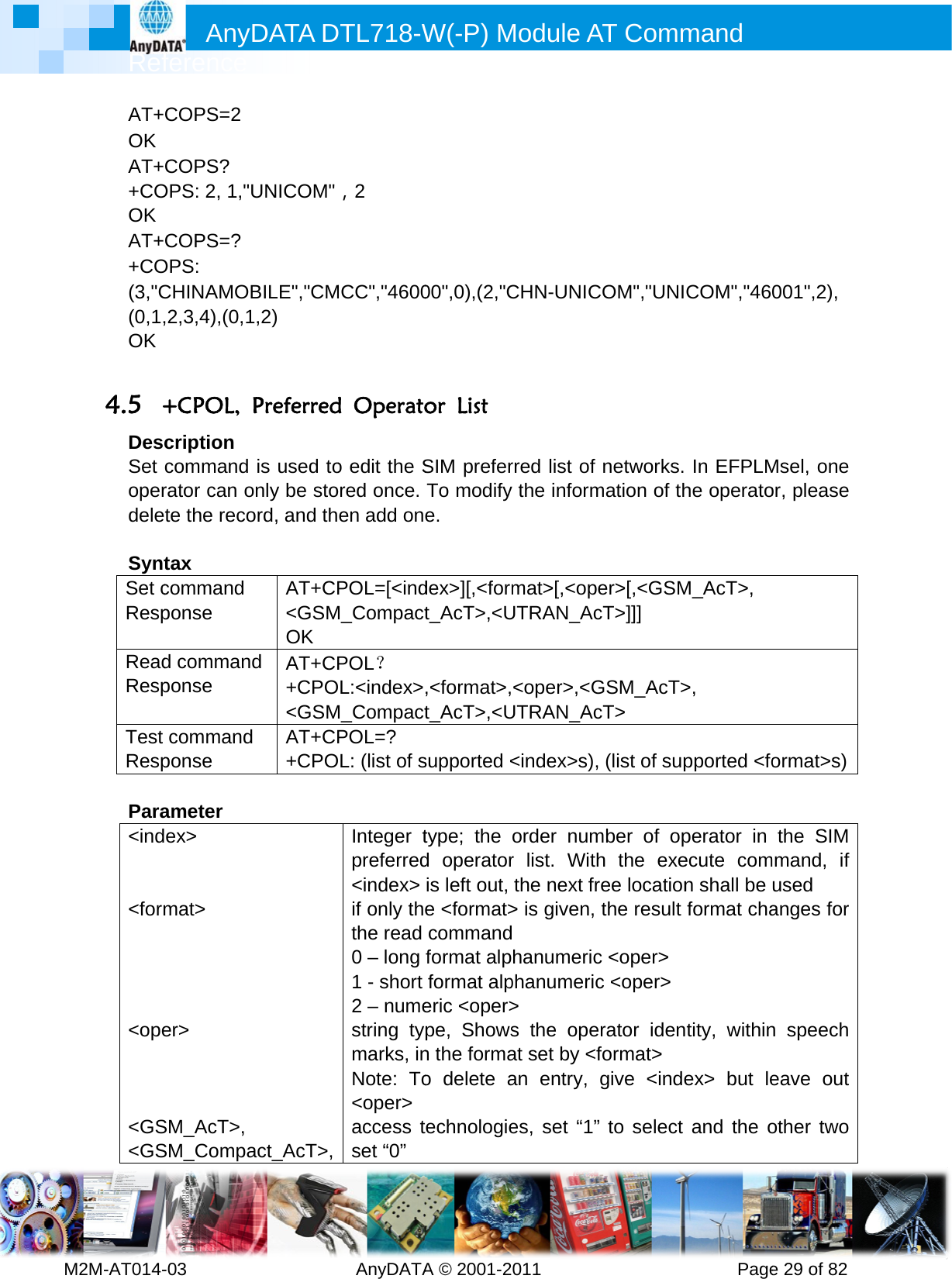         MRef2M-AT014-AT+OK AT++COOK AT++CO(3,&quot;C(0,1,OK  4.5 +DesSet operdele SyntSet cRespReadRespTest Resp Para&lt;ind  &lt;form    &lt;ope   &lt;GS&lt;GSAnyference -03        COPS=2 COPS? OPS: 2, 1,&quot;COPS=? OPS: CHINAMOB,2,3,4),(0,1+CPOL, cription command rator can ote the recotax command ponse d commanponse commandponse ameter ex&gt; mat&gt; er&gt; SM_AcT&gt;, SM_CompaDATA D         UNICOM&quot;BILE&quot;,&quot;CM1,2) Preferredis used toonly be stoord, and thAT+CP&lt;GSMOK d AT+CP+CPO&lt;GSMd AT+CP+CPOact_AcT&gt;, DTL718-W  AnyDATA，2 MCC&quot;,&quot;4600d Operatoo edit the Sored once. en add onPOL=[&lt;indM_CompactPOL？ OL:&lt;index&gt;M_CompactPOL=? OL: (list of sInteger tpreferred&lt;index&gt; if only ththe read 0 – long 1 - short 2 – numestring tymarks, inNote: To&lt;oper&gt;access tset “0” W(-P) MA © 2001-200&quot;,0),(2,&quot;Cor List SIM preferTo modifye. dex&gt;][,&lt;formt_AcT&gt;,&lt;U,&lt;format&gt;,t_AcT&gt;,&lt;Usupported &lt;type; the d operatoris left out, e &lt;format&gt;commandformat alpformat alperic &lt;oper&gt;pe, Showsn the formao delete atechnologieModule A011       CHN-UNICrred list of y the informmat&gt;[,&lt;opeUTRAN_Ac&lt;oper&gt;,&lt;GUTRAN_Ac&lt;index&gt;s),order numr list. Withthe next fr&gt; is given,  hanumericphanumeric&gt; s the opeat set by &lt;fan entry, es, set “1”AT Comm          COM&quot;,&quot;UNInetworks. mation of ther&gt;[,&lt;GSMcT&gt;]]] GSM_AcT&gt;cT&gt;  (list of supmber of oph the exeree locationthe result c &lt;oper&gt; c &lt;oper&gt; erator idenformat&gt; give &lt;inde” to select mand      PageCOM&quot;,&quot;46In EFPLMhe operatoM_AcT&gt;, &gt;, pported &lt;foperator in ecute comn shall be format chatity, withinex&gt; but leand the oe 29 of 82001&quot;,2), Msel, one or, please ormat&gt;s)the SIM mmand, if used anges for n speech eave out other two 