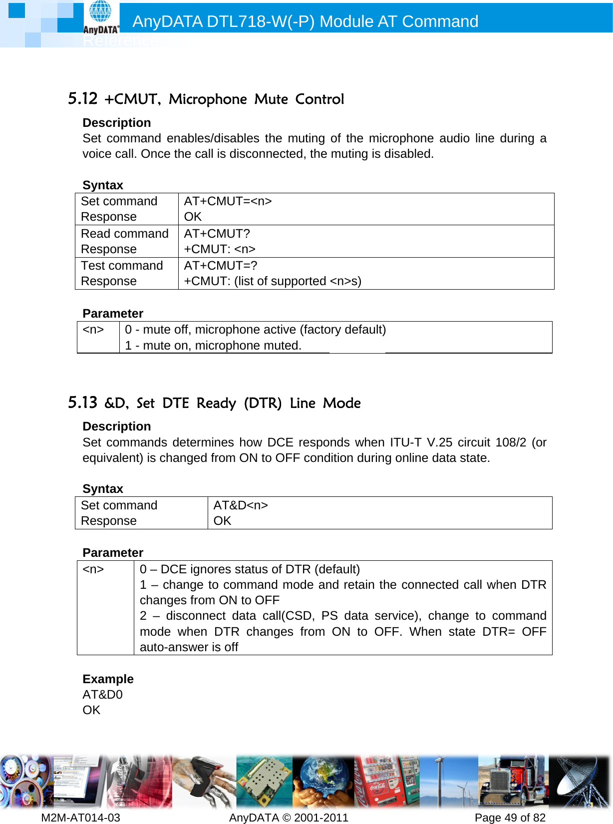         MRef2M-AT014- 5.12 +DesSet voice SyntSet cRespReadRespTest Resp Para&lt;n&gt;   5.13 &amp;DesSet equi SyntSet cResp Para&lt;n&gt;  ExamAT&amp;OK  Anyference -03        +CMUT, cription command e call. Onctax command ponse d commanponse commandponse ameter 0 - mut1 - mut&amp;D, Set cription commandsvalent) is ctax command ponse ameter 0 – D1 – chan2 – modautomple &amp;D0 DATA D          Microphenables/dce the call AT+CMOK d AT+CM+CMUd AT+CM+CMUte off, micrte on, micrDTE Reas determinchanged frAODCE ignorchange tonges from disconnecde when Do-answer isDTL718-W  AnyDATAhone Mudisables this disconneMUT=&lt;n&gt; MUT? UT: &lt;n&gt; MUT=?  UT: (list of srophone acrophone mady (DTRnes how Drom ON to AT&amp;D&lt;n&gt;OK res status oo commandON to OFFct data caDTR chans off   W(-P) MA © 2001-2ute Contrhe muting ected, the  supported ctive (factouted. R) Line MDCE respoOFF condof DTR (ded mode anF all(CSD, Pges from Module A011       rol of the micmuting is d&lt;n&gt;s) ory default)Mode nds when dition duringefault) nd retain thS data seON to OFAT Comm          crophone adisabled.  ) ITU-T V.2g online dahe connecervice), chFF. Whenmand      Pageaudio line 25 circuit 1ata state. cted call whange to c state DTe 49 of 82during a 108/2 (or hen DTR command TR= OFF 