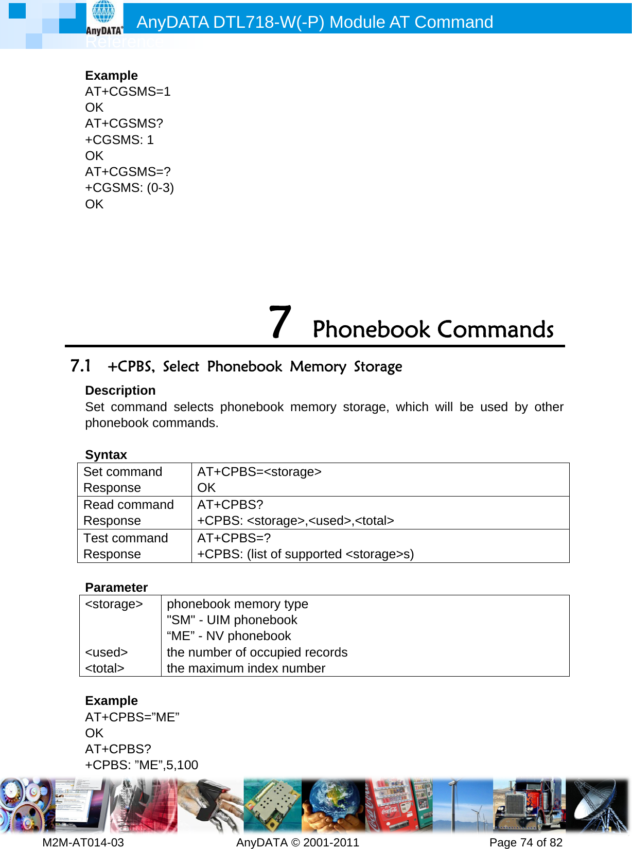         MRef2M-AT014-ExamAT+OK AT++CGOK AT++CGOK      7.1 +DesSet phon SyntSet cRespReadRespTest Resp Para&lt;sto  &lt;use&lt;tota ExamAT+OK AT++CPAnyference -03        mple CGSMS=1CGSMS? GSMS: 1 CGSMS=?GSMS: (0-3+CPBS, Scription commandnebook cotax command ponse d commanponse commandponse ameter orage&gt; ed&gt; al&gt; mple CPBS=”MCPBS? PBS: ”ME”,DATA D         1 ? 3) Select Pho selects pmmands. AT+COK d AT+C+CPBd AT+C+CPBphoneboo&quot;SM&quot; - UIM“ME” - NV the numbethe maximE” 5,100 DTL718-W  AnyDATA7onebookphonebookCPBS=&lt;stoCPBS?  BS: &lt;storaCPBS=? BS: (list of k memoryM phonebophonebooer of occupmum index W(-P) MA © 2001-27 Phok Memoryk memory orage&gt; age&gt;,&lt;usedsupportedtype ook ok  pied recordnumber Module A011       oneboy Storagestorage, wd&gt;,&lt;total&gt;d &lt;storage&gt;ds  AT Comm          ook Coe which will &gt;s)  mand      Pageommabe used e 74 of 82ands by other 