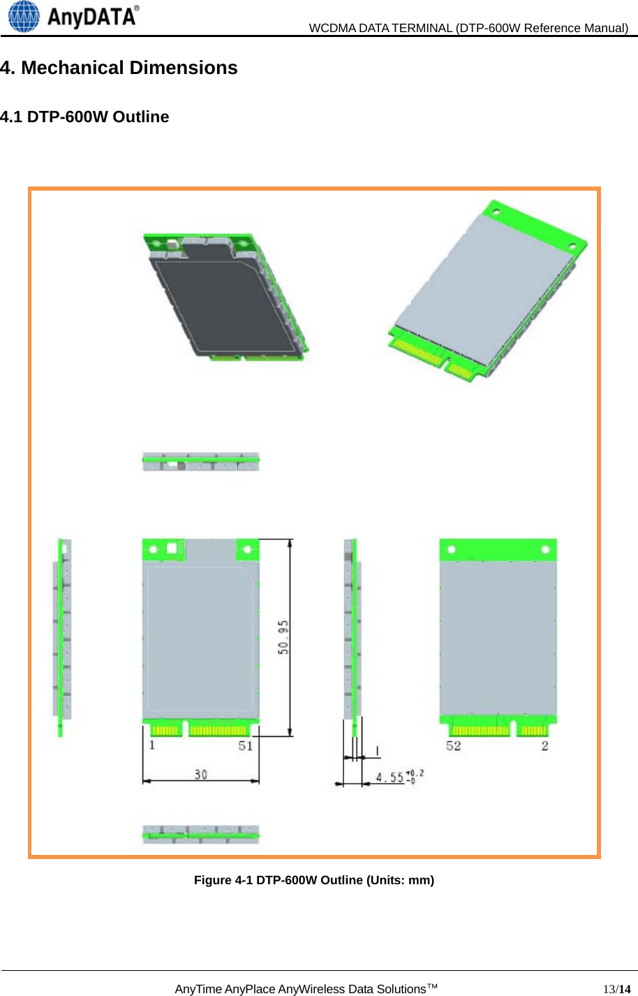                               WCDMA DATA TERMINAL (DTP-600W Reference Manual)  AnyTime AnyPlace AnyWireless Data Solutions™                            13/14  4. Mechanical Dimensions  4.1 DTP-600W Outline    Figure 4-1 DTP-600W Outline (Units: mm)   