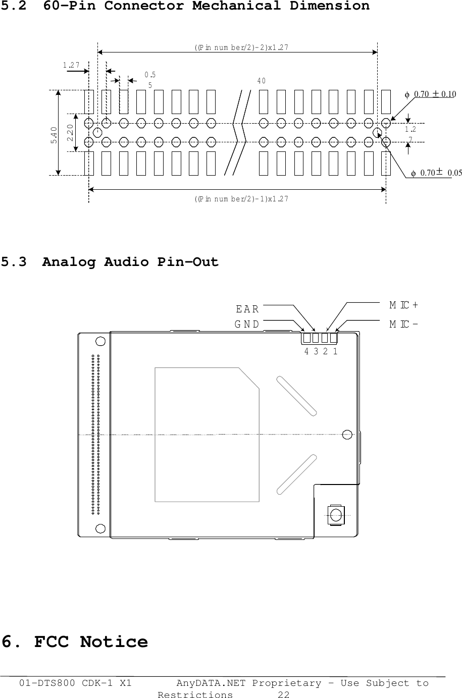 01-DTS800 CDK-1 X1       AnyDATA.NET Proprietary – Use Subject toRestrictions       225.2  60-Pin Connector Mechanical Dimension5.3 Analog Audio Pin-Out6. FCC Notice401.270.55φ0.70      0.101.275.402.20φ0.70      0.05((P in num ber/2)-2)x1.27 ±±((P in num ber/2)-1)x1.27 MIC-MIC+GNDEAR4 3 2 1