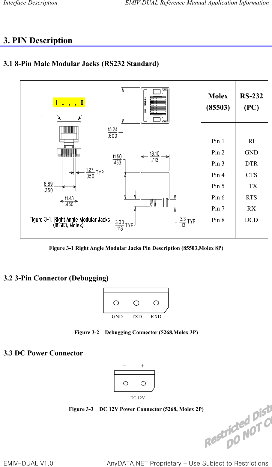 Interface Description                      EMIV-DUAL Reference Manual Application Information  EMIV-DUAL V1.0                 AnyDATA.NET Proprietary – Use Subject to Restrictions 3. PIN Description  3.1 8-Pin Male Modular Jacks (RS232 Standard)  Molex (85503) RS-232(PC) Pin 1 Pin 2 Pin 3 Pin 4 Pin 5 Pin 6 Pin 7 Pin 8 RI GND DTR CTS  TX RTS RX DCD Figure 3-1 Right Angle Modular Jacks Pin Description (85503,Molex 8P)  3.2 3-Pin Connector (Debugging) GND       TXD       RXD Figure 3-2    Debugging Connector (5268,Molex 3P)  3.3 DC Power Connector   DC 12V-+ Figure 3-3    DC 12V Power Connector (5268, Molex 2P)   