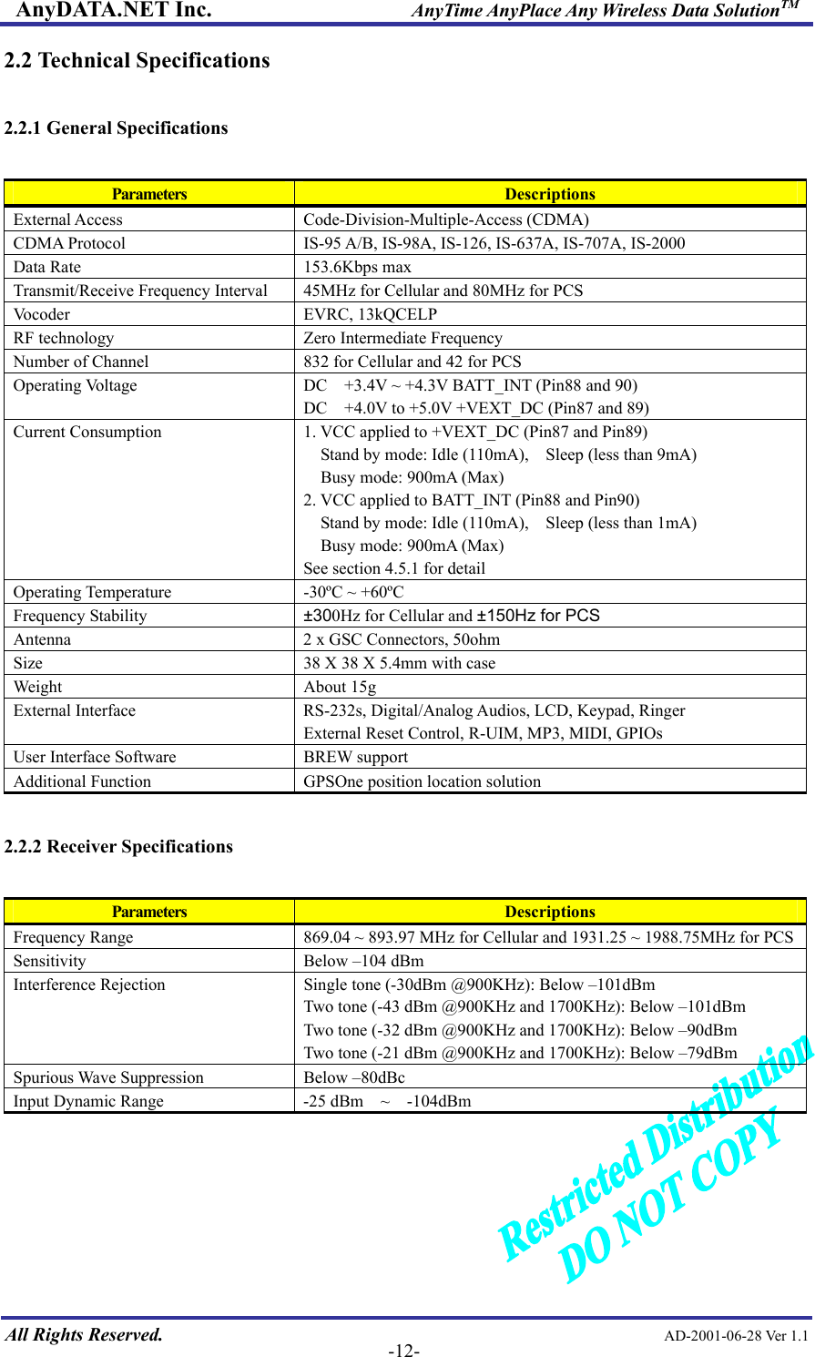 AnyDATA.NET Inc.                     AnyTime AnyPlace Any Wireless Data SolutionTM 2.2 Technical Specifications  2.2.1 General Specifications  Parameters  Descriptions External Access  Code-Division-Multiple-Access (CDMA) CDMA Protocol  IS-95 A/B, IS-98A, IS-126, IS-637A, IS-707A, IS-2000 Data Rate  153.6Kbps max Transmit/Receive Frequency Interval  45MHz for Cellular and 80MHz for PCS Vocoder EVRC, 13kQCELP RF technology  Zero Intermediate Frequency Number of Channel  832 for Cellular and 42 for PCS Operating Voltage  DC    +3.4V ~ +4.3V BATT_INT (Pin88 and 90) DC    +4.0V to +5.0V +VEXT_DC (Pin87 and 89) Current Consumption  1. VCC applied to +VEXT_DC (Pin87 and Pin89) Stand by mode: Idle (110mA),    Sleep (less than 9mA) Busy mode: 900mA (Max) 2. VCC applied to BATT_INT (Pin88 and Pin90) Stand by mode: Idle (110mA),    Sleep (less than 1mA) Busy mode: 900mA (Max) See section 4.5.1 for detail Operating Temperature  -30ºC ~ +60ºC Frequency Stability  ±300Hz for Cellular and ±150Hz for PCS Antenna  2 x GSC Connectors, 50ohm Size  38 X 38 X 5.4mm with case Weight About 15g External Interface  RS-232s, Digital/Analog Audios, LCD, Keypad, Ringer External Reset Control, R-UIM, MP3, MIDI, GPIOs User Interface Software  BREW support Additional Function  GPSOne position location solution  2.2.2 Receiver Specifications  Parameters  Descriptions Frequency Range  869.04 ~ 893.97 MHz for Cellular and 1931.25 ~ 1988.75MHz for PCSSensitivity  Below –104 dBm Interference Rejection  Single tone (-30dBm @900KHz): Below –101dBm Two tone (-43 dBm @900KHz and 1700KHz): Below –101dBm Two tone (-32 dBm @900KHz and 1700KHz): Below –90dBm Two tone (-21 dBm @900KHz and 1700KHz): Below –79dBm Spurious Wave Suppression  Below –80dBc Input Dynamic Range  -25 dBm  ~  -104dBm     All Rights Reserved.                                                AD-2001-06-28 Ver 1.1  -12-  