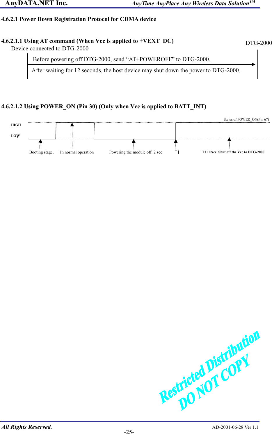AnyDATA.NET Inc.                     AnyTime AnyPlace Any Wireless Data SolutionTM 4.6.2.1 Power Down Registration Protocol for CDMA device  4.6.2.1.1 Using AT command (When Vcc is applied to +VEXT_DC)      After waiting for 12 seconds, the host device may shut down the power to DTG-2000. Before powering off DTG-2000, send “AT+POWEROFF” to DTG-2000. Device connected to DTG-2000DTG-2000  4.6.2.1.2 Using POWER_ON (Pin 30) (Only when Vcc is applied to BATT_INT)  Status of POWER_ON(Pin 67)   LHIGH LOW  Booting stage.   In normal operation  Powering the module off. 2 sec  T1+12sec. Shut off the Vcc to DTG-2000 T1                       All Rights Reserved.                                                AD-2001-06-28 Ver 1.1  -25-  