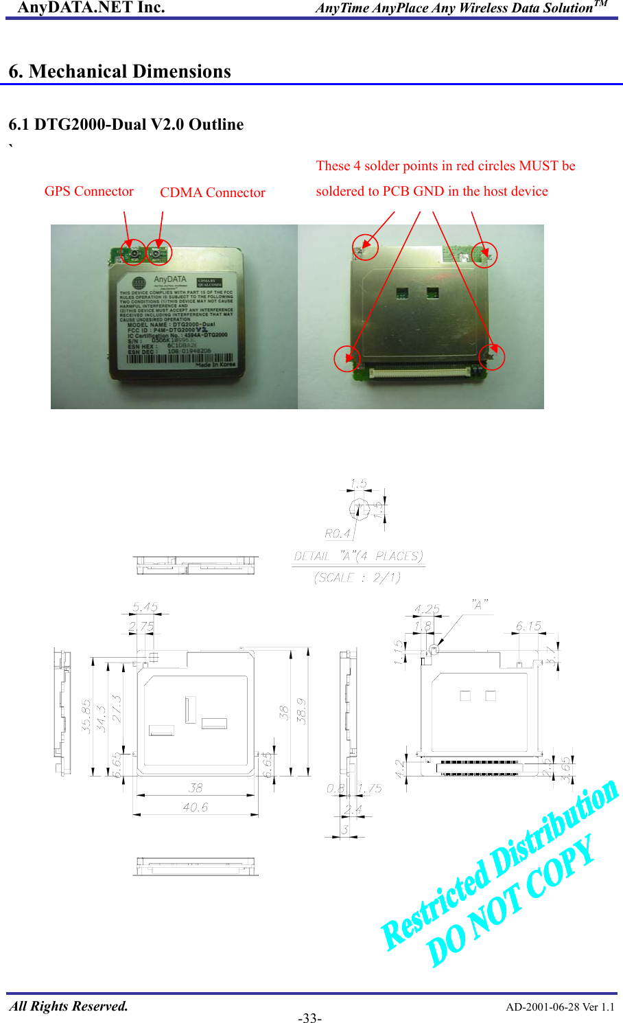 AnyDATA.NET Inc.                     AnyTime AnyPlace Any Wireless Data SolutionTM  6. Mechanical Dimensions  6.1 DTG2000-Dual V2.0 Outline `     These 4 solder points in red circles MUST be soldered to PCB GND in the host device  GPS Connector  CDMA Connector        All Rights Reserved.                                                AD-2001-06-28 Ver 1.1  -33-  