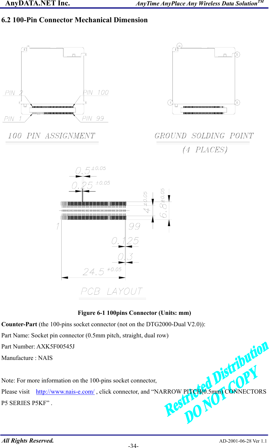 AnyDATA.NET Inc.                     AnyTime AnyPlace Any Wireless Data SolutionTM 6.2 100-Pin Connector Mechanical Dimension    Figure 6-1 100pins Connector (Units: mm) Counter-Part (the 100-pins socket connector (not on the DTG2000-Dual V2.0)): Part Name: Socket pin connector (0.5mm pitch, straight, dual row) Part Number: AXK5F00545J Manufacture : NAIS  Note: For more information on the 100-pins socket connector,  All Rights Reserved.                                                AD-2001-06-28 Ver 1.1  -34-Please visit    http://www.nais-e.com/ , click connector, and “NARROW PITCH(0.5mm) CONNECTORS P5 SERIES P5KF” .  