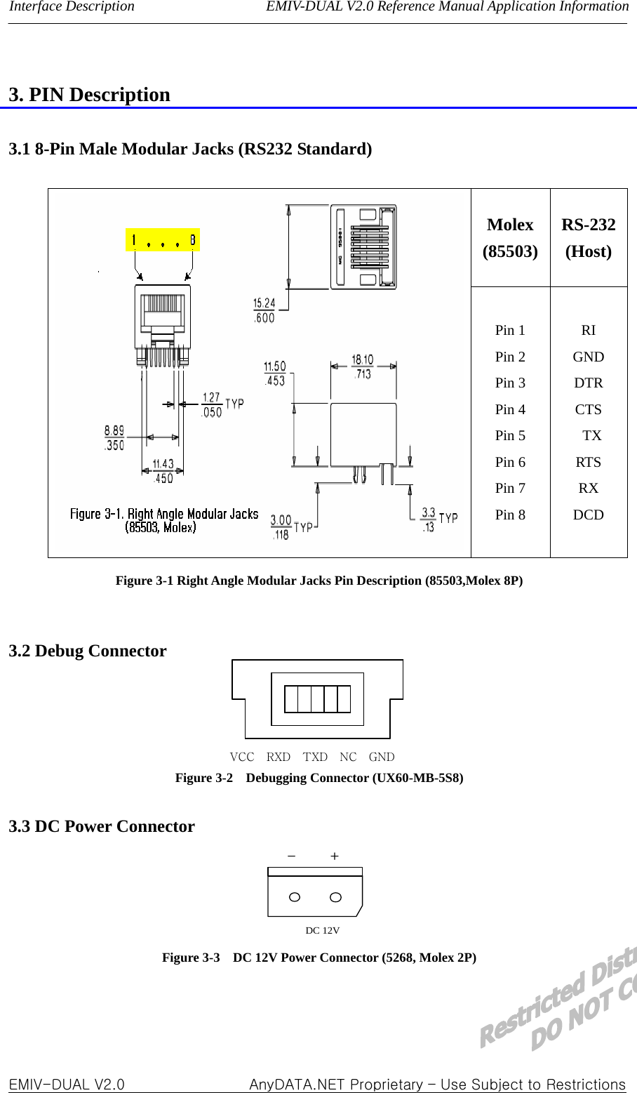 Interface Description                  EMIV-DUAL V2.0 Reference Manual Application Information  3. PIN Description  3.1 8-Pin Male Modular Jacks (RS232 Standard)  Molex (85503) RS-232(Host) Pin 1 Pin 2 Pin 3 Pin 4 Pin 5 Pin 6 Pin 7 Pin 8 RI GND DTR CTS  TX RTS RX DCD Figure 3-1 Right Angle Modular Jacks Pin Description (85503,Molex 8P)  3.2 Debug Connector     VCC    RXD    TXD    NC    GND Figure 3-2    Debugging Connector (UX60-MB-5S8)  3.3 DC Power Connector   DC 12V-+ Figure 3-3    DC 12V Power Connector (5268, Molex 2P)   EMIV-DUAL V2.0                 AnyDATA.NET Proprietary – Use Subject to Restrictions 