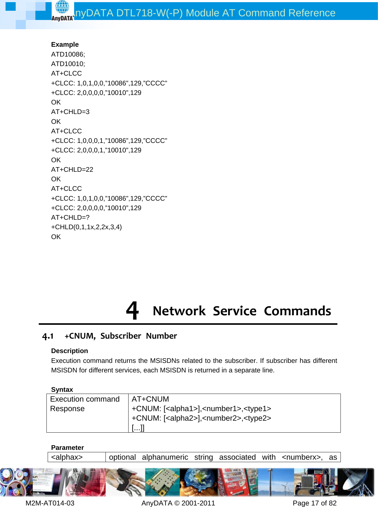 AnyDATA DTL718-W(-P) Module AT Command Reference         M2M-AT014-03                   AnyDATA © 2001-2011                      Page 17 of 82  Example ATD10086; ATD10010; AT+CLCC +CLCC: 1,0,1,0,0,”10086”,129,”CCCC” +CLCC: 2,0,0,0,0,”10010”,129 OK AT+CHLD=3 OK AT+CLCC +CLCC: 1,0,0,0,1,”10086”,129,”CCCC” +CLCC: 2,0,0,0,1,”10010”,129 OK AT+CHLD=22 OK AT+CLCC +CLCC: 1,0,1,0,0,”10086”,129,”CCCC” +CLCC: 2,0,0,0,0,”10010”,129 AT+CHLD=? +CHLD(0,1,1x,2,2x,3,4) OK      4 NetworkServiceCommands4.1 +CNUM,SubscriberNumberDescription Execution command returns the MSISDNs related to the subscriber. If subscriber has different MSISDN for different services, each MSISDN is returned in a separate line.  Syntax Execution command Response AT+CNUM +CNUM: [&lt;alpha1&gt;],&lt;number1&gt;,&lt;type1&gt; +CNUM: [&lt;alpha2&gt;],&lt;number2&gt;,&lt;type2&gt; [...]]  Parameter &lt;alphax&gt; optional alphanumeric string associated with &lt;numberx&gt;, as 