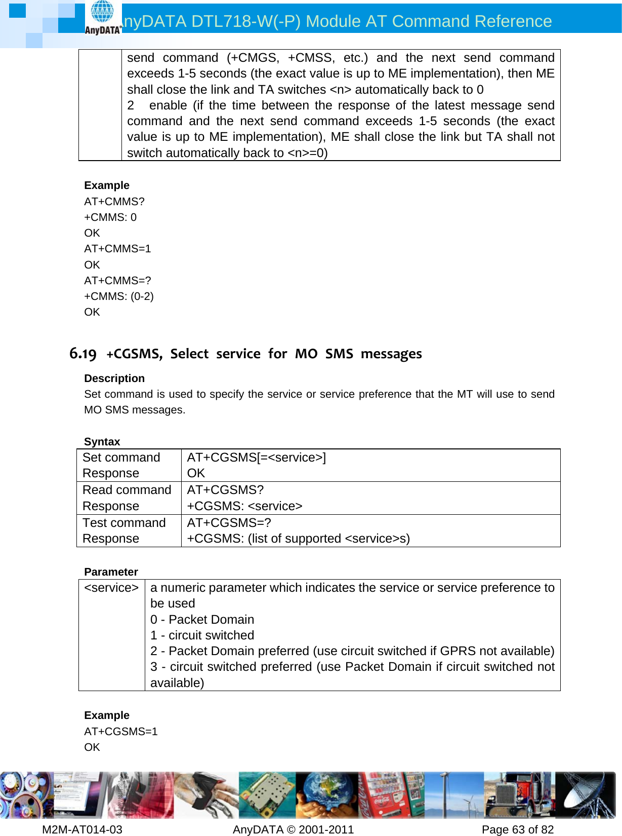 AnyDATA DTL718-W(-P) Module AT Command Reference         M2M-AT014-03                   AnyDATA © 2001-2011                      Page 63 of 82 send command (+CMGS, +CMSS, etc.) and the next send command exceeds 1-5 seconds (the exact value is up to ME implementation), then ME shall close the link and TA switches &lt;n&gt; automatically back to 0 2  enable (if the time between the response of the latest message send command and the next send command exceeds 1-5 seconds (the exact value is up to ME implementation), ME shall close the link but TA shall not switch automatically back to &lt;n&gt;=0)  Example AT+CMMS? +CMMS: 0 OK AT+CMMS=1 OK AT+CMMS=? +CMMS: (0-2) OK  6.19 +CGSMS,SelectserviceforMOSMSmessagesDescription Set command is used to specify the service or service preference that the MT will use to send MO SMS messages.  Syntax Set command Response AT+CGSMS[=&lt;service&gt;] OK Read command Response AT+CGSMS? +CGSMS: &lt;service&gt; Test command Response AT+CGSMS=? +CGSMS: (list of supported &lt;service&gt;s)  Parameter &lt;service&gt; a numeric parameter which indicates the service or service preference to be used 0 - Packet Domain 1 - circuit switched 2 - Packet Domain preferred (use circuit switched if GPRS not available)3 - circuit switched preferred (use Packet Domain if circuit switched not available)  Example AT+CGSMS=1 OK 