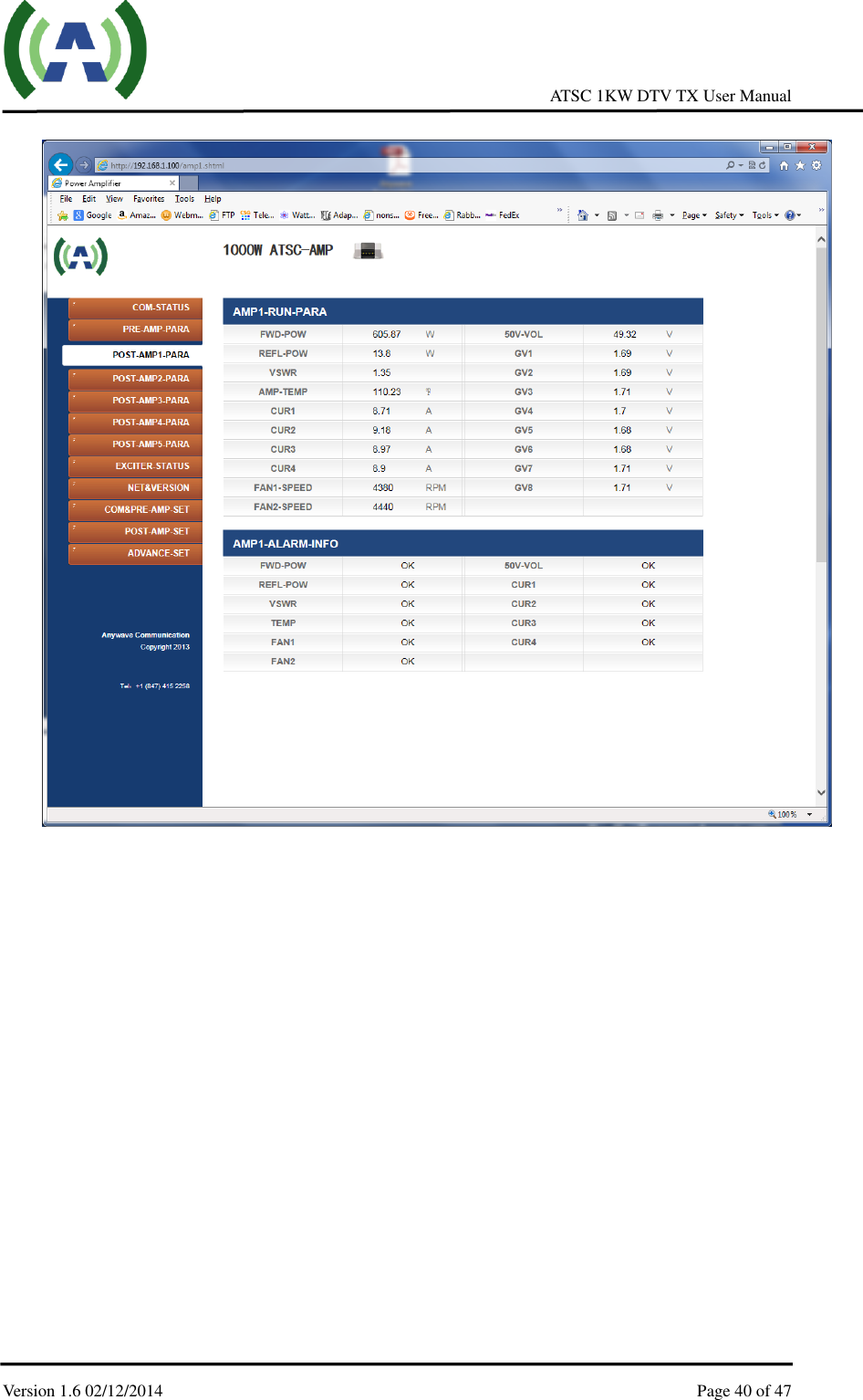     ATSC 1KW DTV TX User Manual  Version 1.6 02/12/2014    Page 40 of 47     