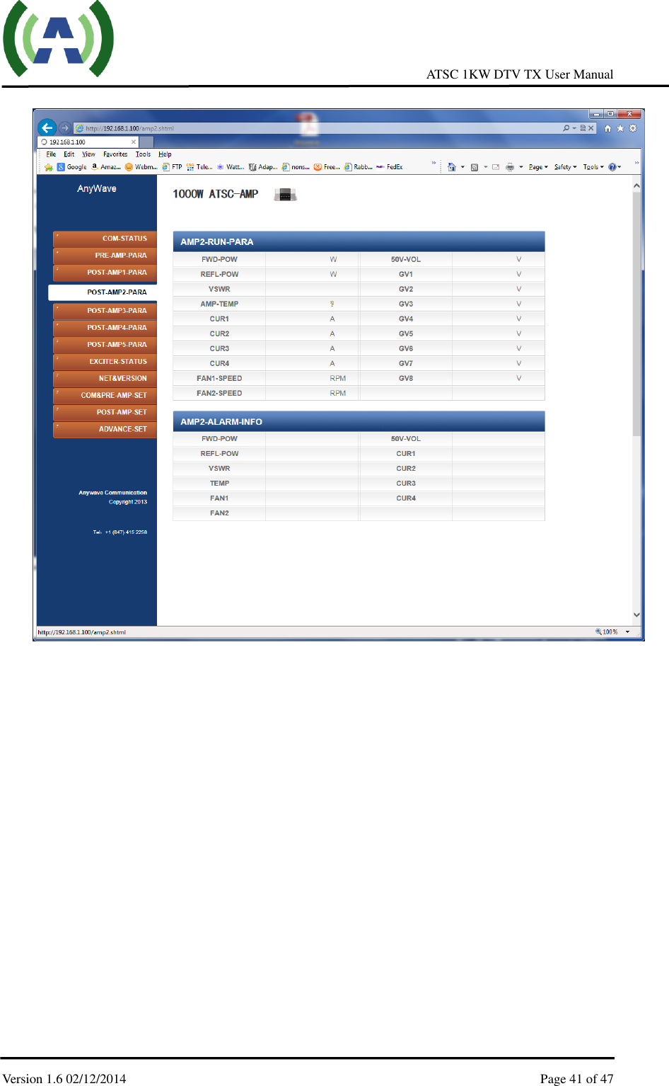     ATSC 1KW DTV TX User Manual  Version 1.6 02/12/2014    Page 41 of 47     