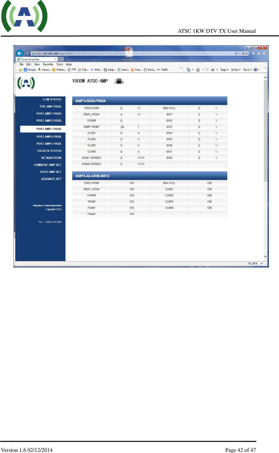     ATSC 1KW DTV TX User Manual  Version 1.6 02/12/2014    Page 42 of 47     