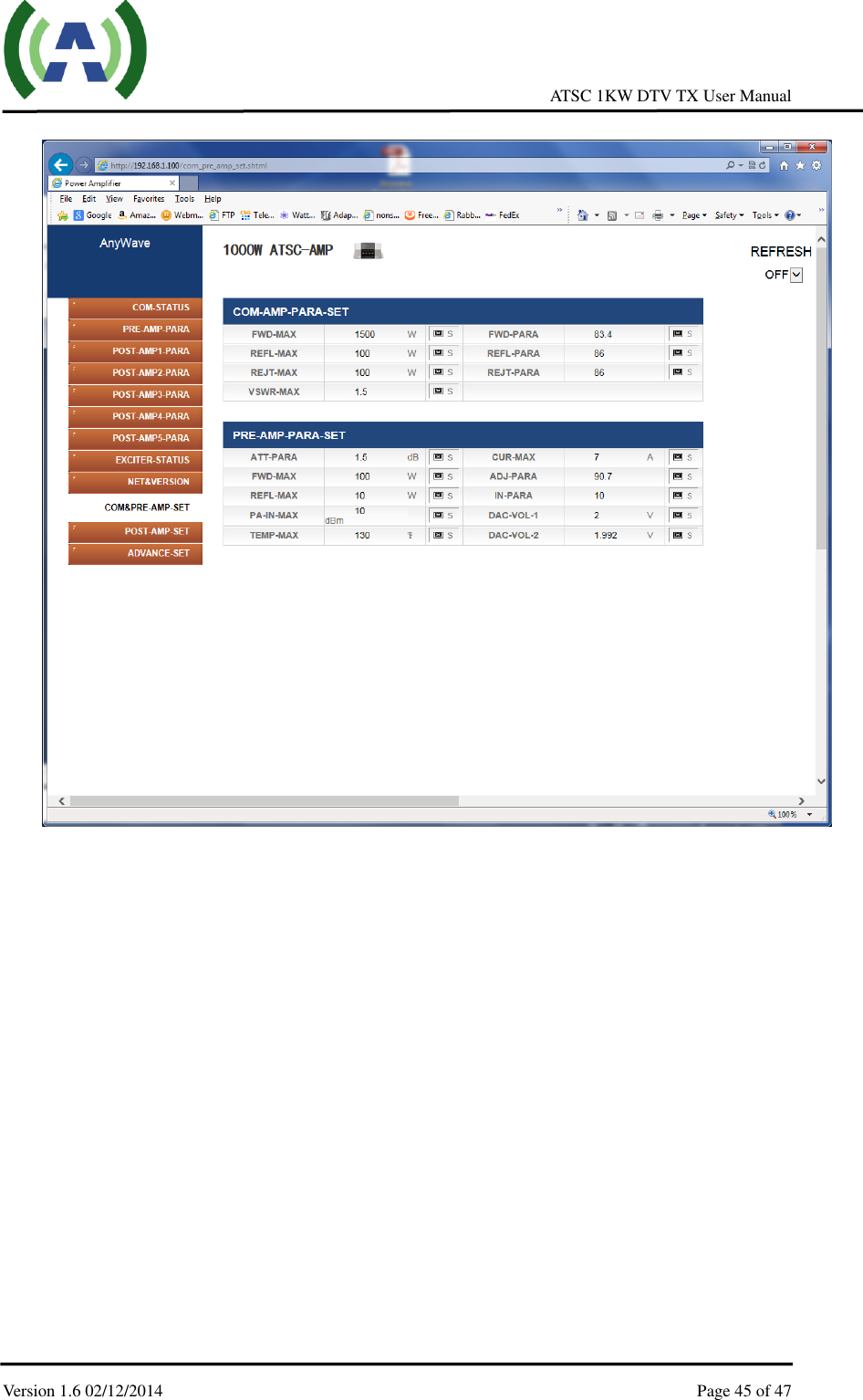     ATSC 1KW DTV TX User Manual  Version 1.6 02/12/2014    Page 45 of 47      