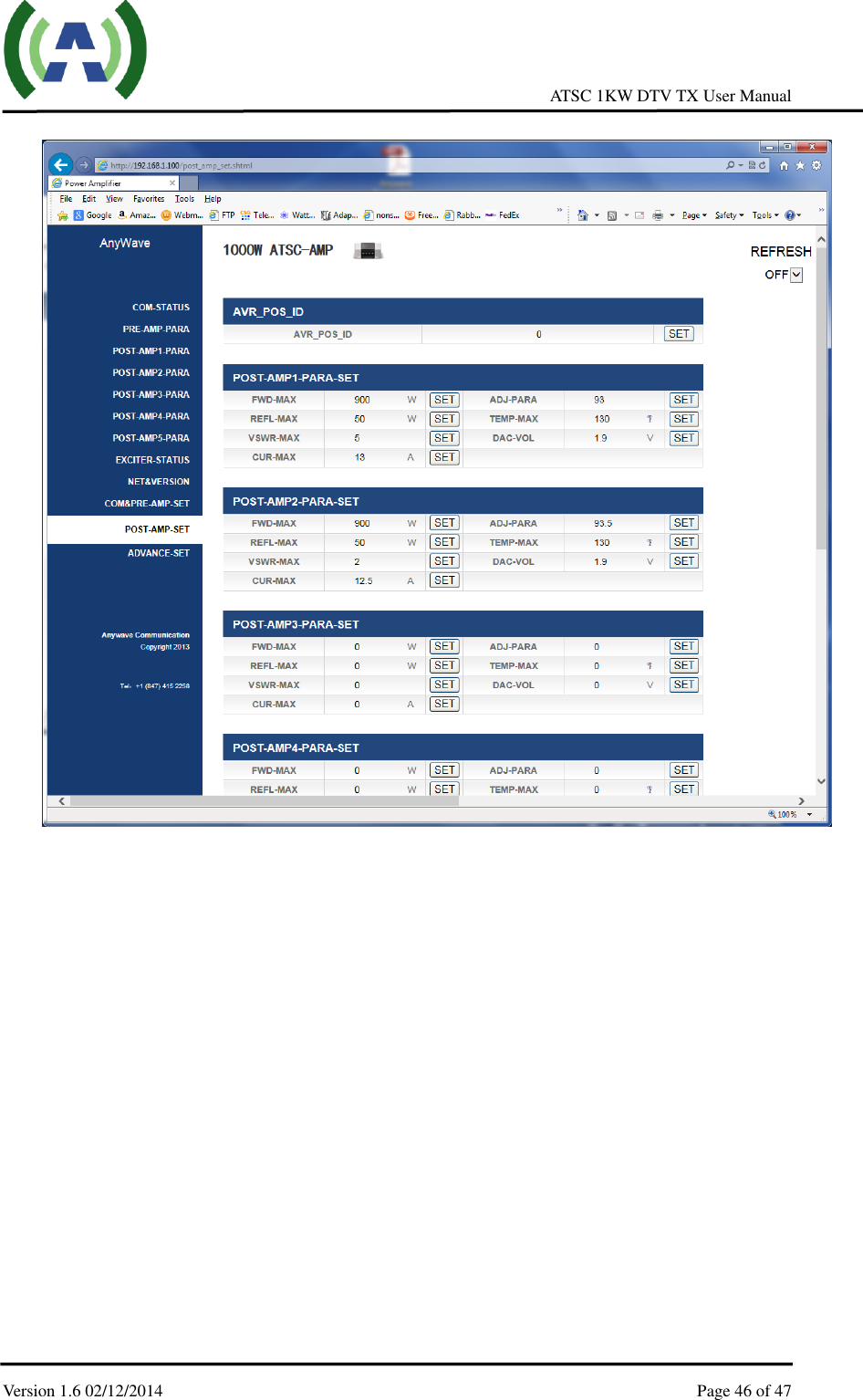     ATSC 1KW DTV TX User Manual  Version 1.6 02/12/2014    Page 46 of 47        