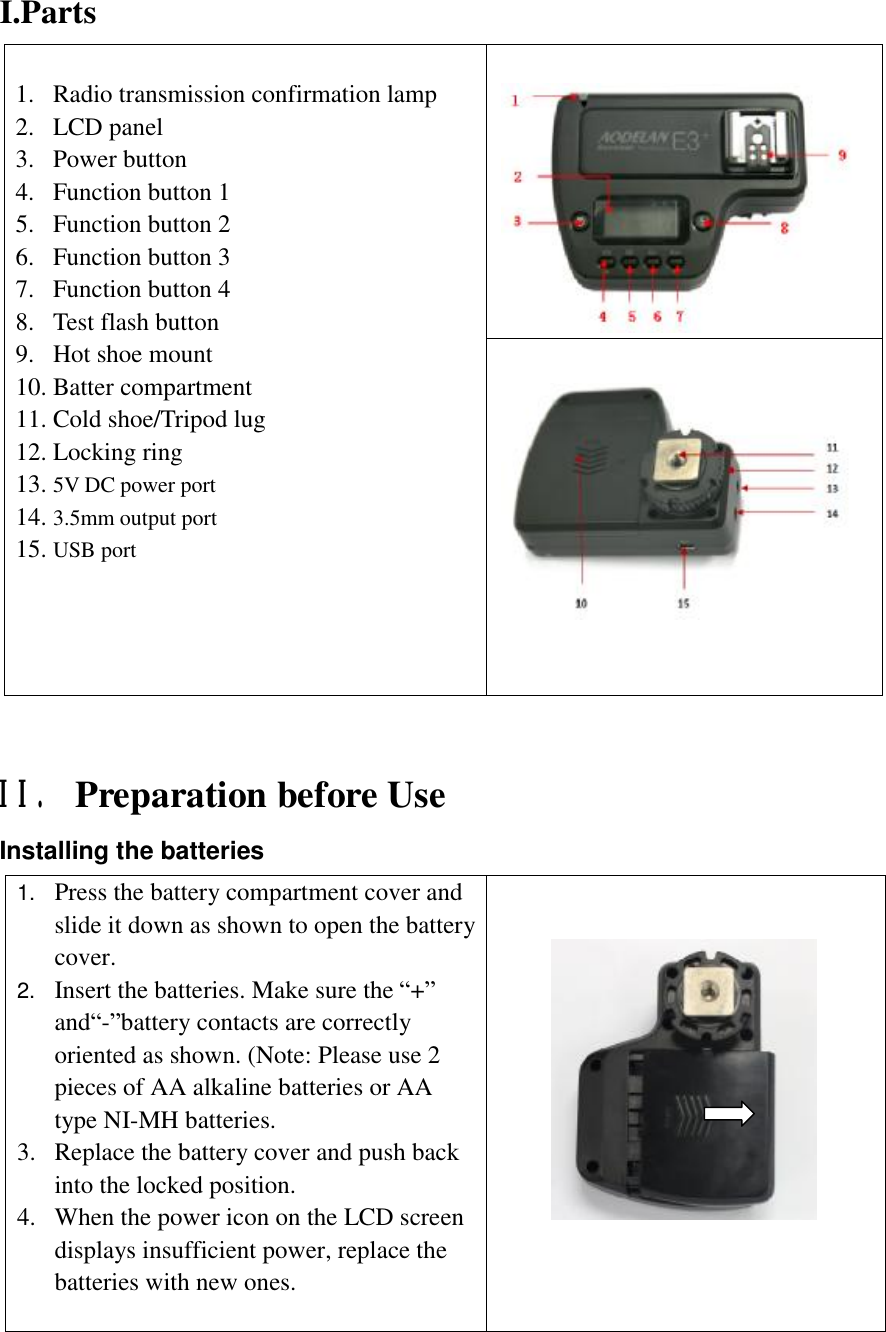 I.Parts    1. Radio transmission confirmation lamp  2. LCD panel 3. Power button 4. Function button 1 5. Function button 2 6. Function button 3 7. Function button 4 8. Test flash button 9. Hot shoe mount 10. Batter compartment 11. Cold shoe/Tripod lug 12. Locking ring 13. 5V DC power port 14. 3.5mm output port 15. USB port          II. Preparation before Use Installing the batteries 1.  Press the battery compartment cover and slide it down as shown to open the battery cover.   2.  Insert the batteries. Make sure the “+” and“-”battery contacts are correctly oriented as shown. (Note: Please use 2 pieces of AA alkaline batteries or AA type NI-MH batteries.   3. Replace the battery cover and push back into the locked position. 4. When the power icon on the LCD screen displays insufficient power, replace the batteries with new ones.    