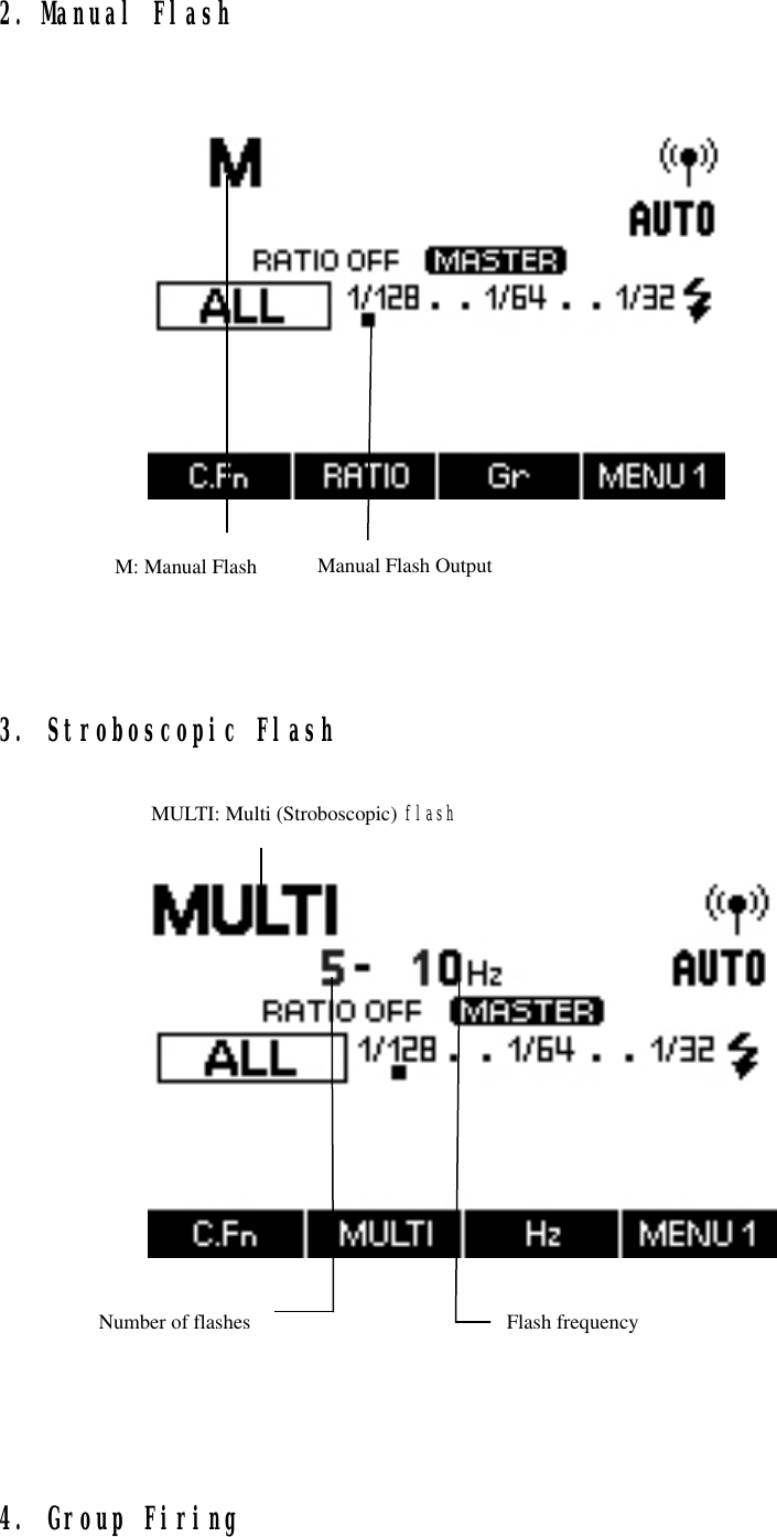 2. Manual Flash        3. Stroboscopic Flash           4. Group Firing Manual Flash Output M: Manual Flash Number of flashes  Flash frequency MULTI: Multi (Stroboscopic) flash 