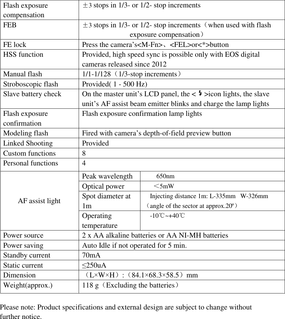 Flash exposure compensation ±3 stops in 1/3- or 1/2- stop increments FEB  ±3 stops in 1/3- or 1/2- stop increments（when used with flash exposure compensation） FE lock  Press the camera’s&lt;M-Fn&gt;、&lt;FEL&gt;or&lt;*&gt;button HSS function  Provided, high speed sync is possible only with EOS digital cameras released since 2012 Manual flash  1/1-1/128（1/3-stop increments） Stroboscopic flash  Provided( 1 - 500 Hz) Slave battery check  On the master unit’s LCD panel, the &lt; &gt;icon lights, the slave unit’s AF assist beam emitter blinks and charge the lamp lights  Flash exposure confirmation Flash exposure confirmation lamp lights Modeling flash  Fired with camera’s depth-of-field preview button Linked Shooting  Provided Custom functions  8 Personal functions  4 AF assist light Peak wavelength  650nm Optical power  ＜5mW Spot diameter at 1m Injecting distance 1m: L-335mm  W-326mm（angle of the sector at approx.20º） Operating temperature -10℃~+40℃ Power source  2 x AA alkaline batteries or AA NI-MH batteries Power saving  Auto Idle if not operated for 5 min.  Standby current  70mA Static current  ≤250uA Dimension  （L×W×H）:（84.1×68.3×58.5）mm Weight(approx.)  118 g（Excluding the batteries） Please note: Product specifications and external design are subject to change without further notice.  