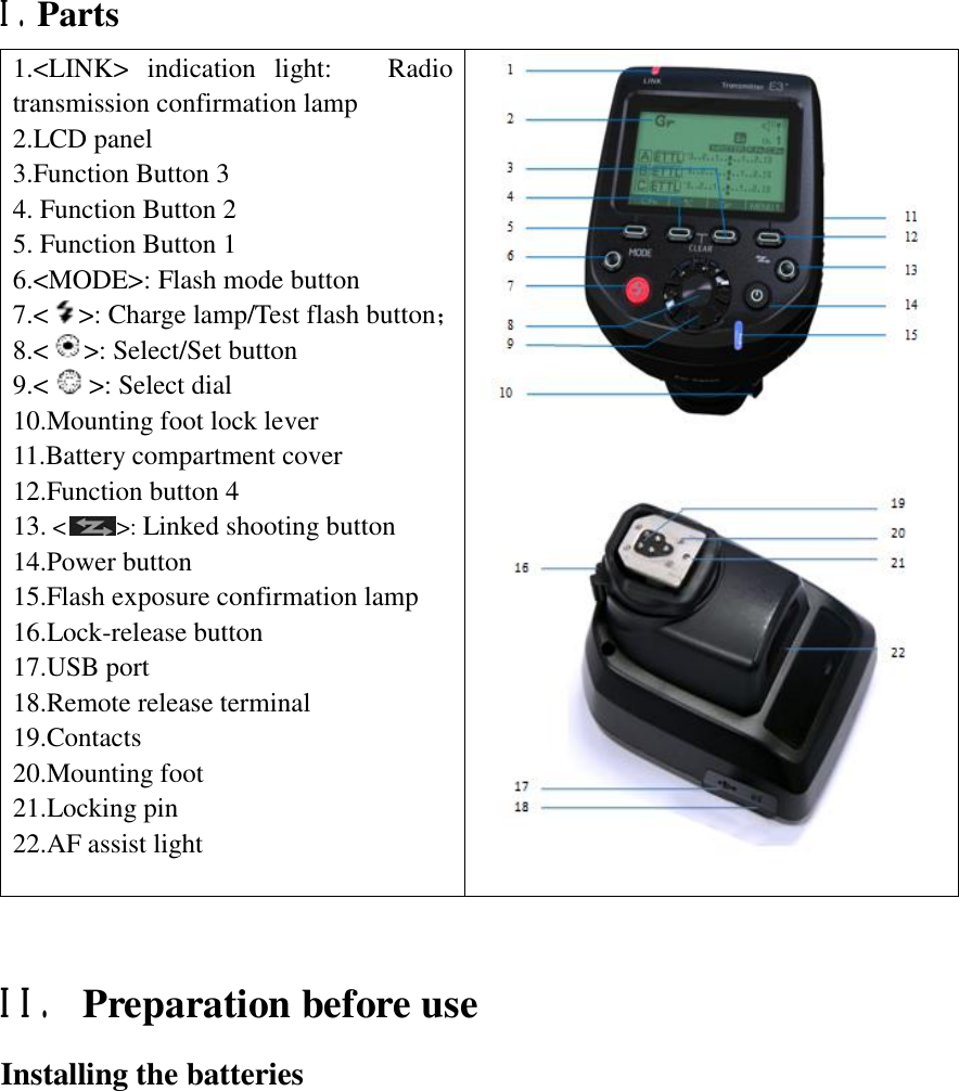 I.Parts 1.&lt;LINK&gt; indication light:   Radio transmission confirmation lamp  2.LCD panel 3.Function Button 3 4. Function Button 2 5. Function Button 1 6.&lt;MODE&gt;: Flash mode button 7.&lt; &gt;: Charge lamp/Test flash button； 8.&lt; &gt;: Select/Set button 9.&lt; &gt;: Select dial 10.Mounting foot lock lever 11.Battery compartment cover 12.Function button 4 13. &lt; &gt;: Linked shooting button 14.Power button 15.Flash exposure confirmation lamp 16.Lock-release button 17.USB port 18.Remote release terminal 19.Contacts 20.Mounting foot 21.Locking pin  22.AF assist light      II. Preparation before use Installing the batteries 