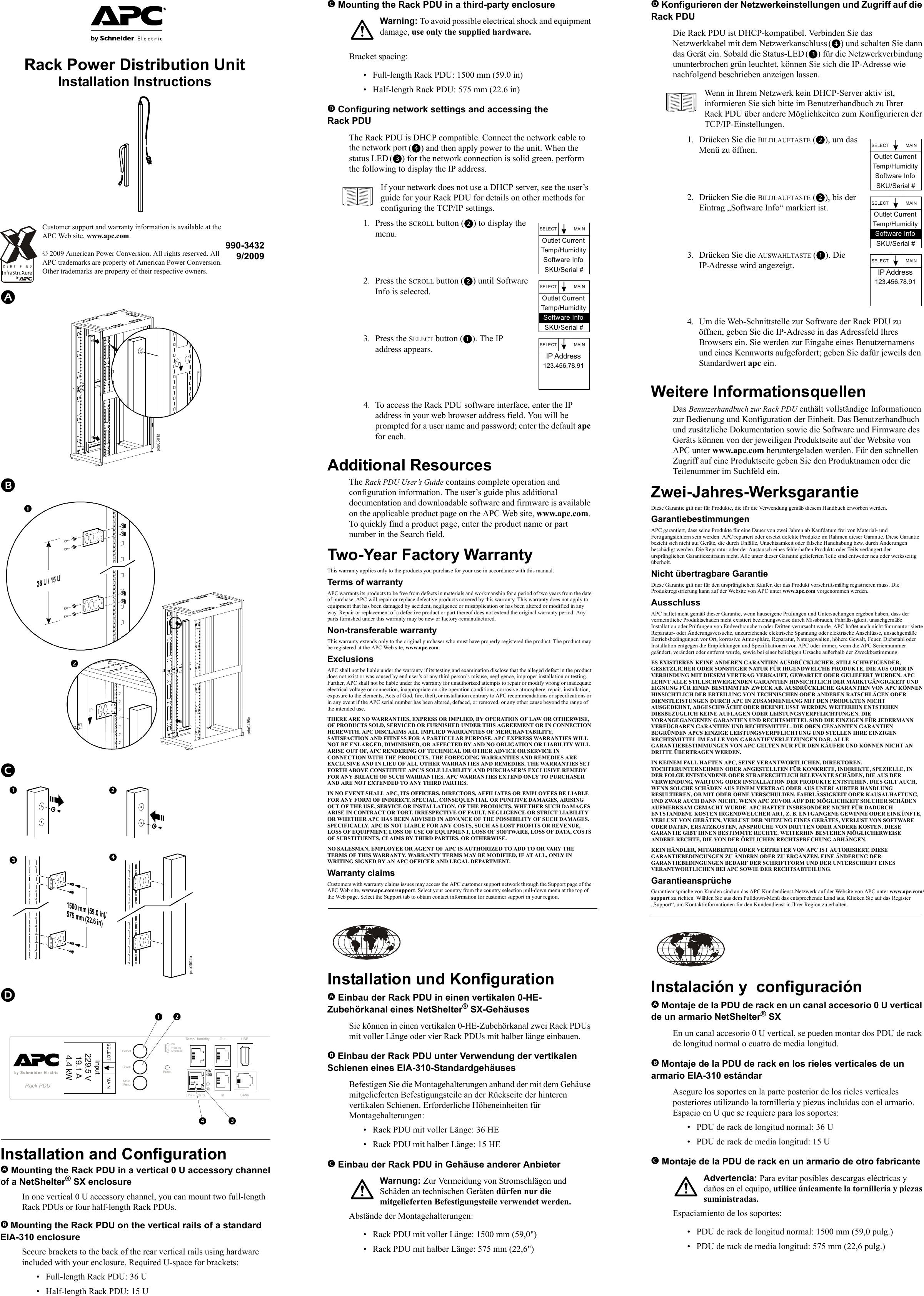 Page 1 of 4 - Apc Apc-Ap8958-Users-Manual- 1 - Rack Power Distribution Unit Installation Sheet Apc-ap8958-users-manual