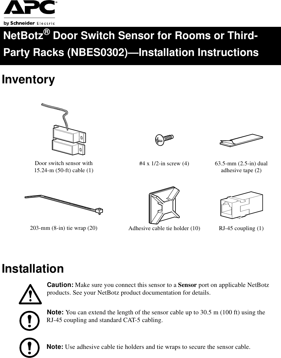 Page 1 of 2 - Apc Apc-Nbes0302-Users-Manual- NetBotz Door Switch Sensor For Rooms Or Third-Party Racks (NBES0302)-Installation Instructions  Apc-nbes0302-users-manual