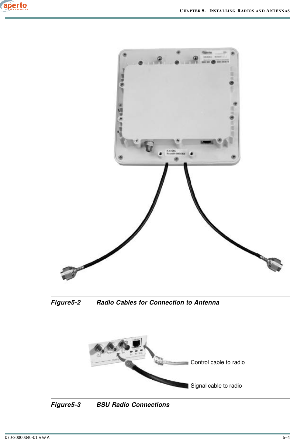 CHAPTER 5.   INSTALLING RADIOS AN D ANTENN AS5–4070-20000340-01 Rev AFigure5-2 Radio Cables for Connection to AntennaFigure5-3 BSU Radio ConnectionsControl cable to radioSignal cable to radio