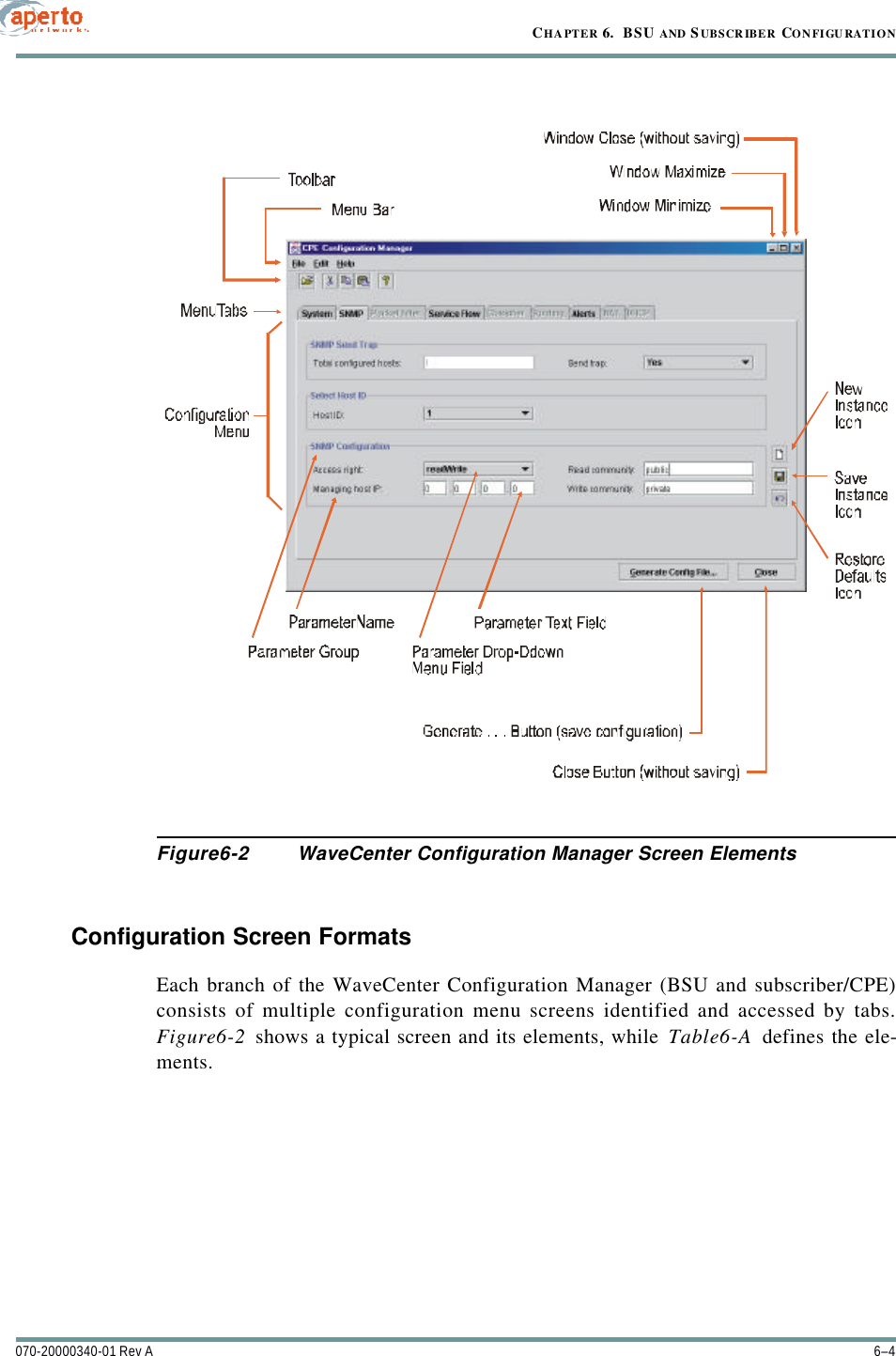 CHAPTER 6.  BSU AND S UBSCR IBER CONFIGU RATION6–4070-20000340-01 Rev AFigure6-2 WaveCenter Configuration Manager Screen ElementsConfiguration Screen FormatsEach branch of the WaveCenter Configuration Manager (BSU and subscriber/CPE)consists of multiple configuration menu screens identified and accessed by tabs.Figure6-2 shows a typical screen and its elements, while Table6-A defines the ele-ments.