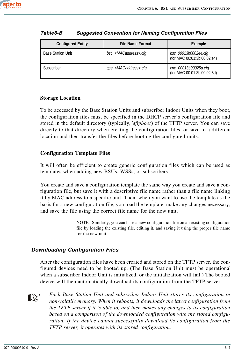 6–7070-20000340-01 Rev ACHAPTER 6.  BSU AND S UBSCR IBER CONFIGU RATIONStorage LocationTo be accessed by the Base Station Units and subscriber Indoor Units when they boot,the configuration files must be specified in the DHCP server’s configuration file andstored in the default directory (typically, \tftpboot) of the TFTP server. You can savedirectly to that directory when creating the configuration files, or save to a differentlocation and then transfer the files before booting the configured units.Configuration Template FilesIt will often be efficient to create generic configuration files which can be used astemplates when adding new BSUs, WSSs, or subscribers.You create and save a configuration template the same way you create and save a con-figuration file, but save it with a descriptive file name rather than a file name linkingit by MAC address to a specific unit. Then, when you want to use the template as thebasis for a new configuration file, you load the template, make any changes necessary,and save the file using the correct file name for the new unit.NOTE:  Similarly, you can base a new configuration file on an existing configurationfile by loading the existing file, editing it, and saving it using the proper file namefor the new unit.Downloading Configuration FilesAfter the configuration files have been created and stored on the TFTP server, the con-figured devices need to be booted up. (The Base Station Unit must be operationalwhen a subscriber Indoor Unit is initialized, or the initialization will fail.) The booteddevice will then automatically download its configuration from the TFTP server.Each Base Station Unit and subscriber Indoor Unit stores its configuration innon-volatile memory. When it reboots, it downloads the latest configuration fromthe TFTP server if it is able to, and then makes any changes to its configurationbased on a comparison of the downloaded configuration with the stored configu-ration. If the device cannot successfully download its configuration from theTFTP server, it operates with its stored configuration.Table6-B Suggested Convention for Naming Configuration FilesConfigured Entity File Name Format ExampleBase Station Unit bsc_&lt;MACaddress&gt;.cfg bsc_00013b0002e4.cfg(for MAC 00:01:3b:00:02:e4)Subscriber cpe_&lt;MACaddress&gt;.cfg cpe_00013b00025d.cfg(for MAC 00:01:3b:00:02:5d)