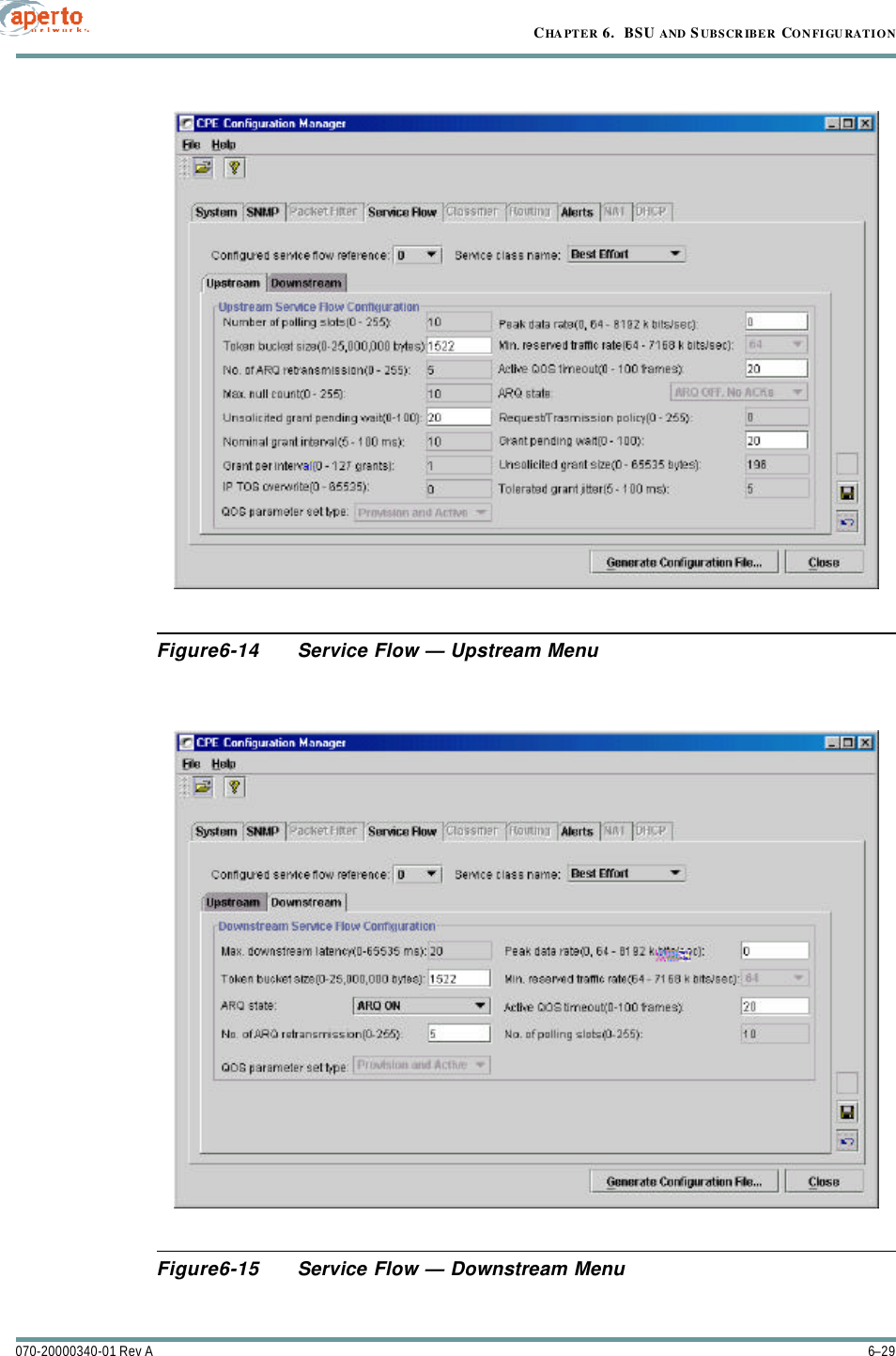 6–29070-20000340-01 Rev ACHAPTER 6.  BSU AND S UBSCRIBER CONFIGURATIONFigure6-14 Service Flow — Upstream MenuFigure6-15 Service Flow — Downstream Menu