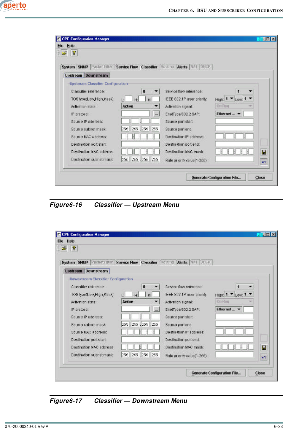 6–33070-20000340-01 Rev ACHAPTER 6.  BSU AND S UBSCRIBER CONFIGURATIONFigure6-16 Classifier — Upstream MenuFigure6-17 Classifier — Downstream Menu