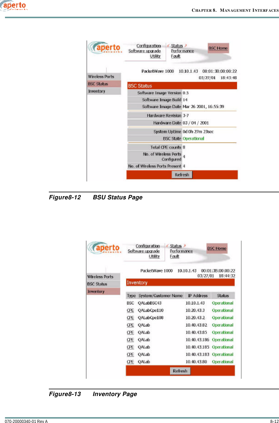 CHAPTER 8.   MANAGEMENT INTERFACES8–12070-20000340-01 Rev AFigure8-12 BSU Status PageFigure8-13 Inventory Page