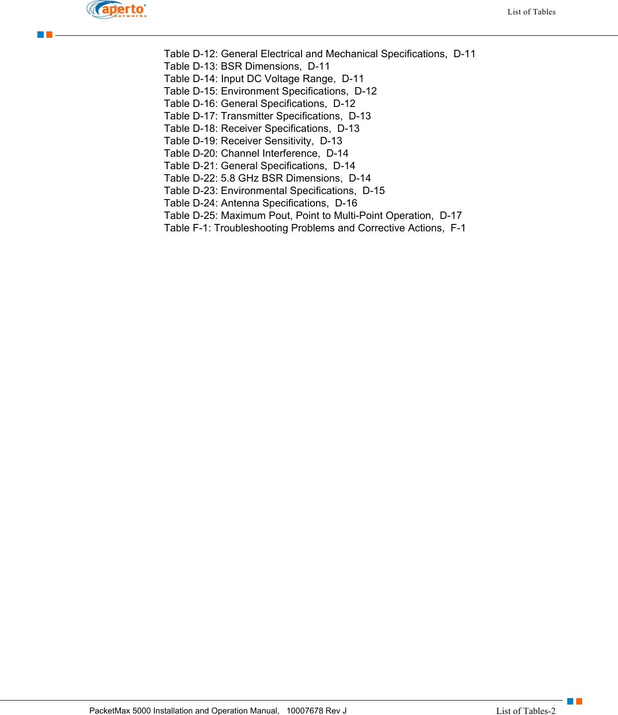 List of Tables-2PacketMax 5000 Installation and Operation Manual,   10007678 Rev JList of TablesTable D-12: General Electrical and Mechanical Specifications,  D-11Table D-13: BSR Dimensions,  D-11Table D-14: Input DC Voltage Range,  D-11Table D-15: Environment Specifications,  D-12Table D-16: General Specifications,  D-12Table D-17: Transmitter Specifications,  D-13Table D-18: Receiver Specifications,  D-13Table D-19: Receiver Sensitivity,  D-13Table D-20: Channel Interference,  D-14Table D-21: General Specifications,  D-14Table D-22: 5.8 GHz BSR Dimensions,  D-14Table D-23: Environmental Specifications,  D-15Table D-24: Antenna Specifications,  D-16Table D-25: Maximum Pout, Point to Multi-Point Operation,  D-17Table F-1: Troubleshooting Problems and Corrective Actions,  F-1