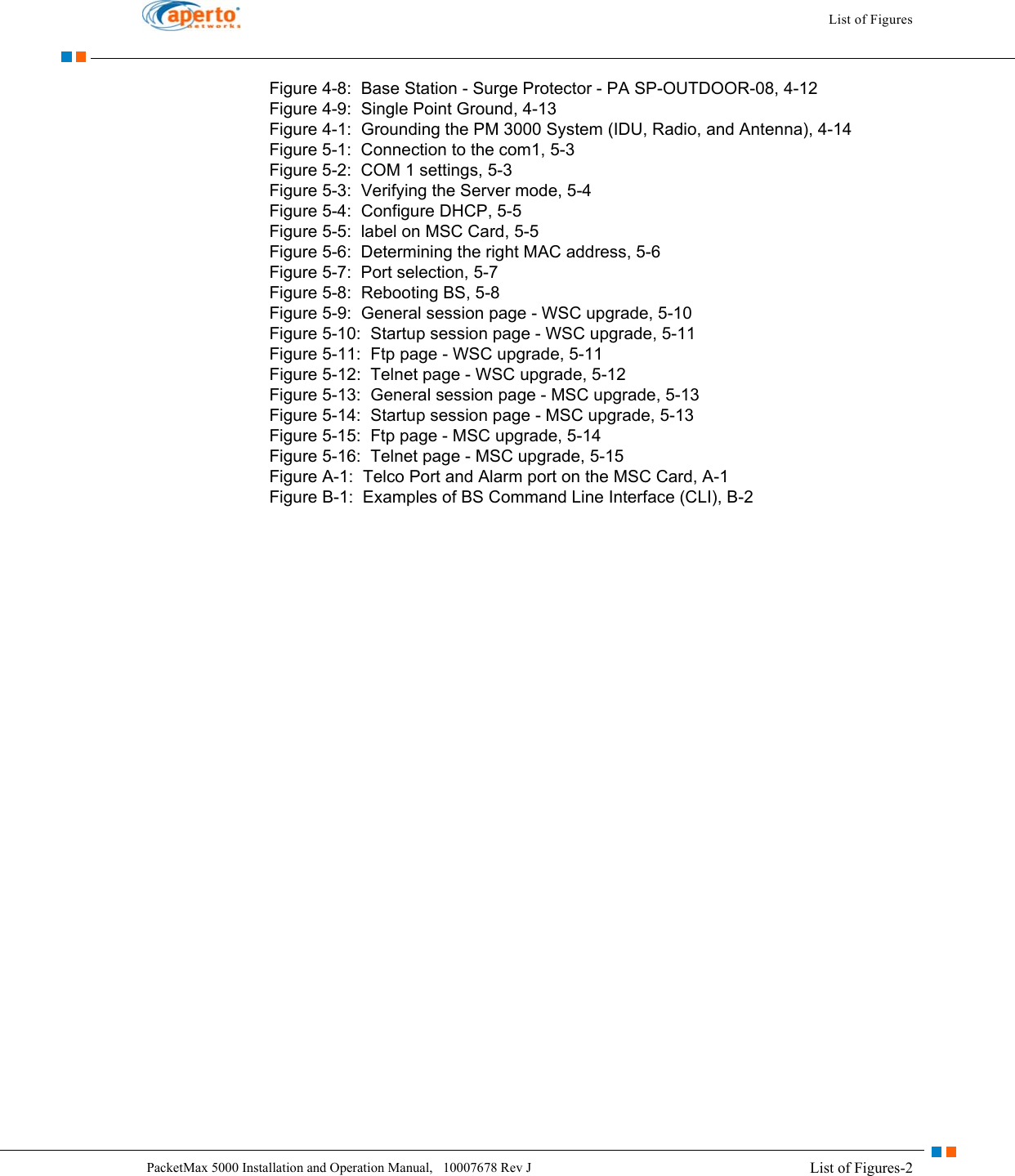 List of Figures-2PacketMax 5000 Installation and Operation Manual,   10007678 Rev JList of FiguresFigure 4-8:  Base Station - Surge Protector - PA SP-OUTDOOR-08, 4-12Figure 4-9:  Single Point Ground, 4-13Figure 4-1:  Grounding the PM 3000 System (IDU, Radio, and Antenna), 4-14Figure 5-1:  Connection to the com1, 5-3Figure 5-2:  COM 1 settings, 5-3Figure 5-3:  Verifying the Server mode, 5-4Figure 5-4:  Configure DHCP, 5-5Figure 5-5:  label on MSC Card, 5-5Figure 5-6:  Determining the right MAC address, 5-6Figure 5-7:  Port selection, 5-7Figure 5-8:  Rebooting BS, 5-8Figure 5-9:  General session page - WSC upgrade, 5-10Figure 5-10:  Startup session page - WSC upgrade, 5-11Figure 5-11:  Ftp page - WSC upgrade, 5-11Figure 5-12:  Telnet page - WSC upgrade, 5-12Figure 5-13:  General session page - MSC upgrade, 5-13Figure 5-14:  Startup session page - MSC upgrade, 5-13Figure 5-15:  Ftp page - MSC upgrade, 5-14Figure 5-16:  Telnet page - MSC upgrade, 5-15Figure A-1:  Telco Port and Alarm port on the MSC Card, A-1Figure B-1:  Examples of BS Command Line Interface (CLI), B-2