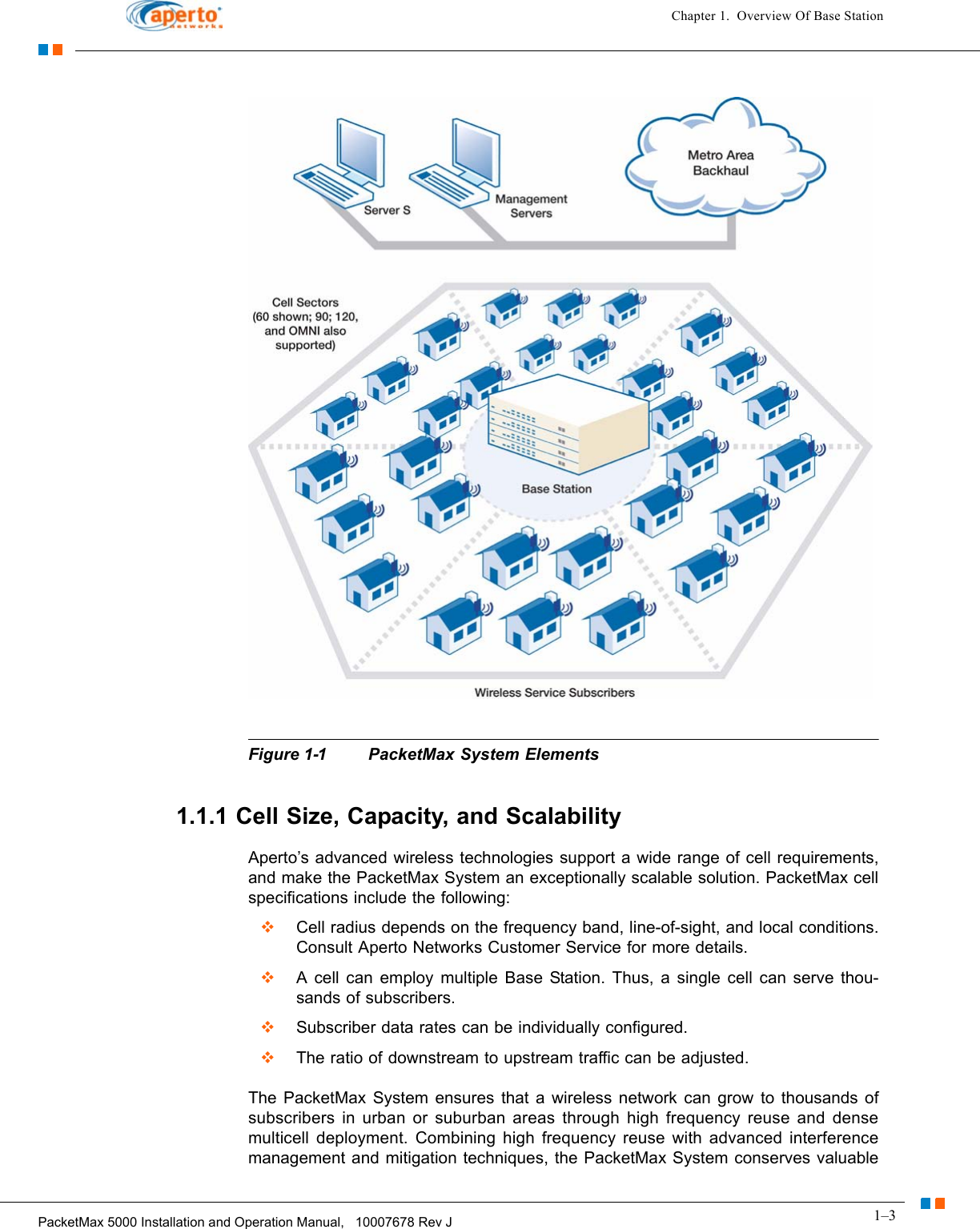 1–3PacketMax 5000 Installation and Operation Manual,   10007678 Rev JChapter 1.  Overview Of Base StationFigure 1-1 PacketMax System Elements1.1.1 Cell Size, Capacity, and ScalabilityAperto’s advanced wireless technologies support a wide range of cell requirements, and make the PacketMax System an exceptionally scalable solution. PacketMax cell specifications include the following:  Cell radius depends on the frequency band, line-of-sight, and local conditions.Consult Aperto Networks Customer Service for more details.  A cell can employ multiple Base Station. Thus, a single cell can serve thou-sands of subscribers.  Subscriber data rates can be individually configured.  The ratio of downstream to upstream traffic can be adjusted.The PacketMax System ensures that a wireless network can grow to thousands of subscribers in urban or suburban areas through high frequency reuse and dense multicell deployment. Combining high frequency reuse with advanced interference management and mitigation techniques, the PacketMax System conserves valuable 