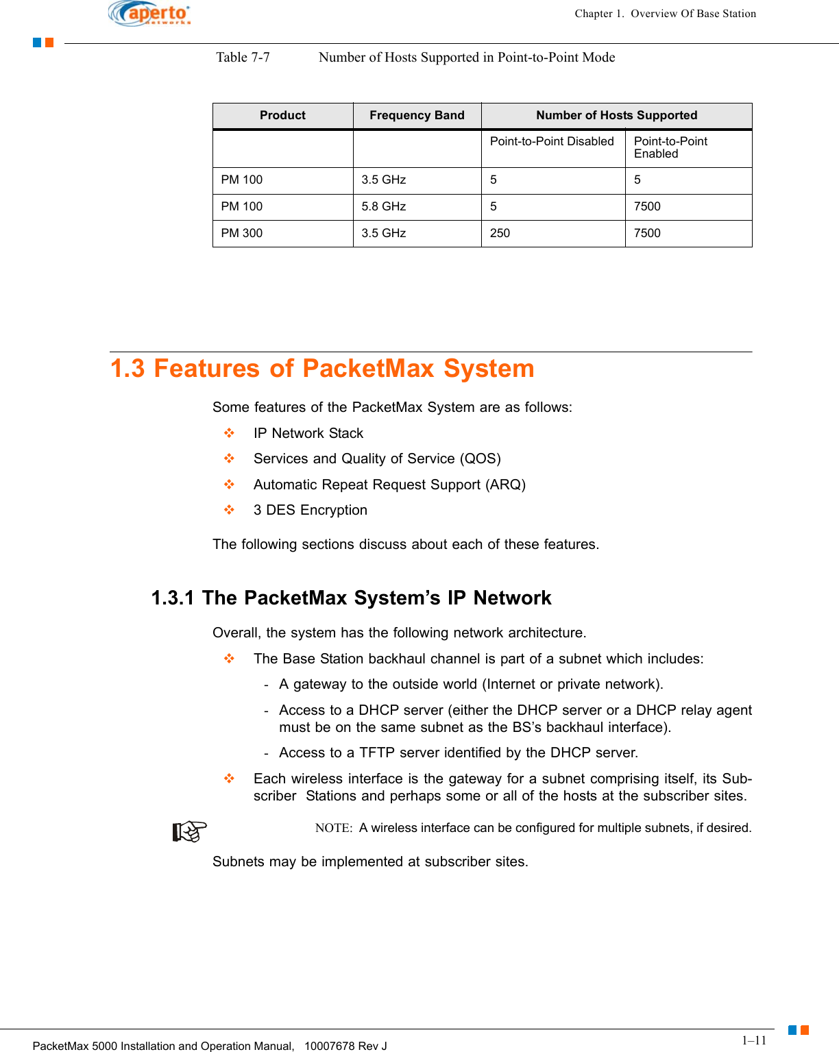 1–11PacketMax 5000 Installation and Operation Manual,   10007678 Rev JChapter 1.  Overview Of Base Station Table 7-7  Number of Hosts Supported in Point-to-Point Mode1.3 Features of PacketMax SystemSome features of the PacketMax System are as follows:  IP Network Stack  Services and Quality of Service (QOS)  Automatic Repeat Request Support (ARQ)  3 DES EncryptionThe following sections discuss about each of these features.1.3.1 The PacketMax System’s IP NetworkOverall, the system has the following network architecture.  The Base Station backhaul channel is part of a subnet which includes:-A gateway to the outside world (Internet or private network).-Access to a DHCP server (either the DHCP server or a DHCP relay agent must be on the same subnet as the BS’s backhaul interface).-Access to a TFTP server identified by the DHCP server.  Each wireless interface is the gateway for a subnet comprising itself, its Sub-scriber  Stations and perhaps some or all of the hosts at the subscriber sites.NOTE:  A wireless interface can be configured for multiple subnets, if desired.Subnets may be implemented at subscriber sites. Product Frequency Band Number of Hosts SupportedPoint-to-Point Disabled Point-to-Point EnabledPM 100 3.5 GHz 5 5PM 100 5.8 GHz 57500PM 300 3.5 GHz 250 7500