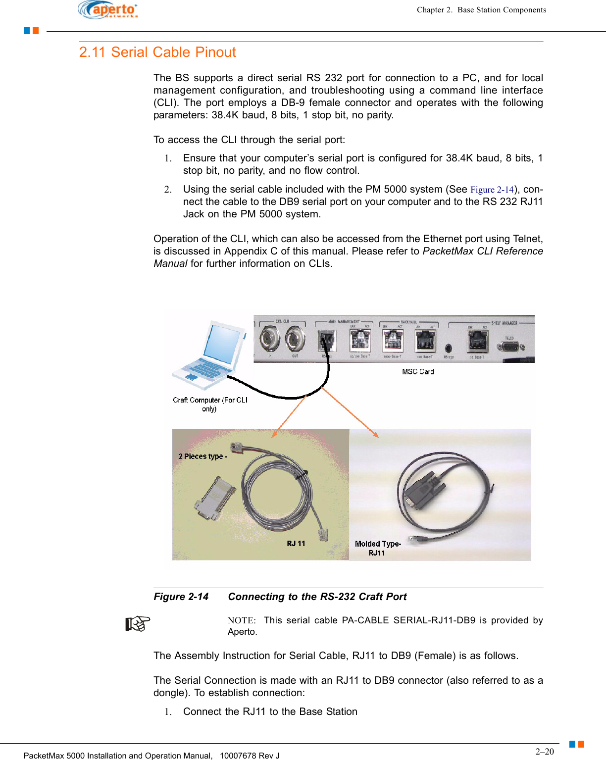 2–20PacketMax 5000 Installation and Operation Manual,   10007678 Rev JChapter 2.  Base Station Components2.11 Serial Cable PinoutThe BS supports a direct serial RS 232 port for connection to a PC, and for local management configuration, and troubleshooting using a command line interface (CLI). The port employs a DB-9 female connector and operates with the following parameters: 38.4K baud, 8 bits, 1 stop bit, no parity.To access the CLI through the serial port:1. Ensure that your computer’s serial port is configured for 38.4K baud, 8 bits, 1 stop bit, no parity, and no flow control.2. Using the serial cable included with the PM 5000 system (See Figure 2-14), con-nect the cable to the DB9 serial port on your computer and to the RS 232 RJ11 Jack on the PM 5000 system.Operation of the CLI, which can also be accessed from the Ethernet port using Telnet, is discussed in Appendix C of this manual. Please refer to PacketMax CLI Reference Manual for further information on CLIs.Figure 2-14 Connecting to the RS-232 Craft PortNOTE:  This serial cable PA-CABLE SERIAL-RJ11-DB9 is provided by Aperto.The Assembly Instruction for Serial Cable, RJ11 to DB9 (Female) is as follows.The Serial Connection is made with an RJ11 to DB9 connector (also referred to as a dongle). To establish connection:1. Connect the RJ11 to the Base Station