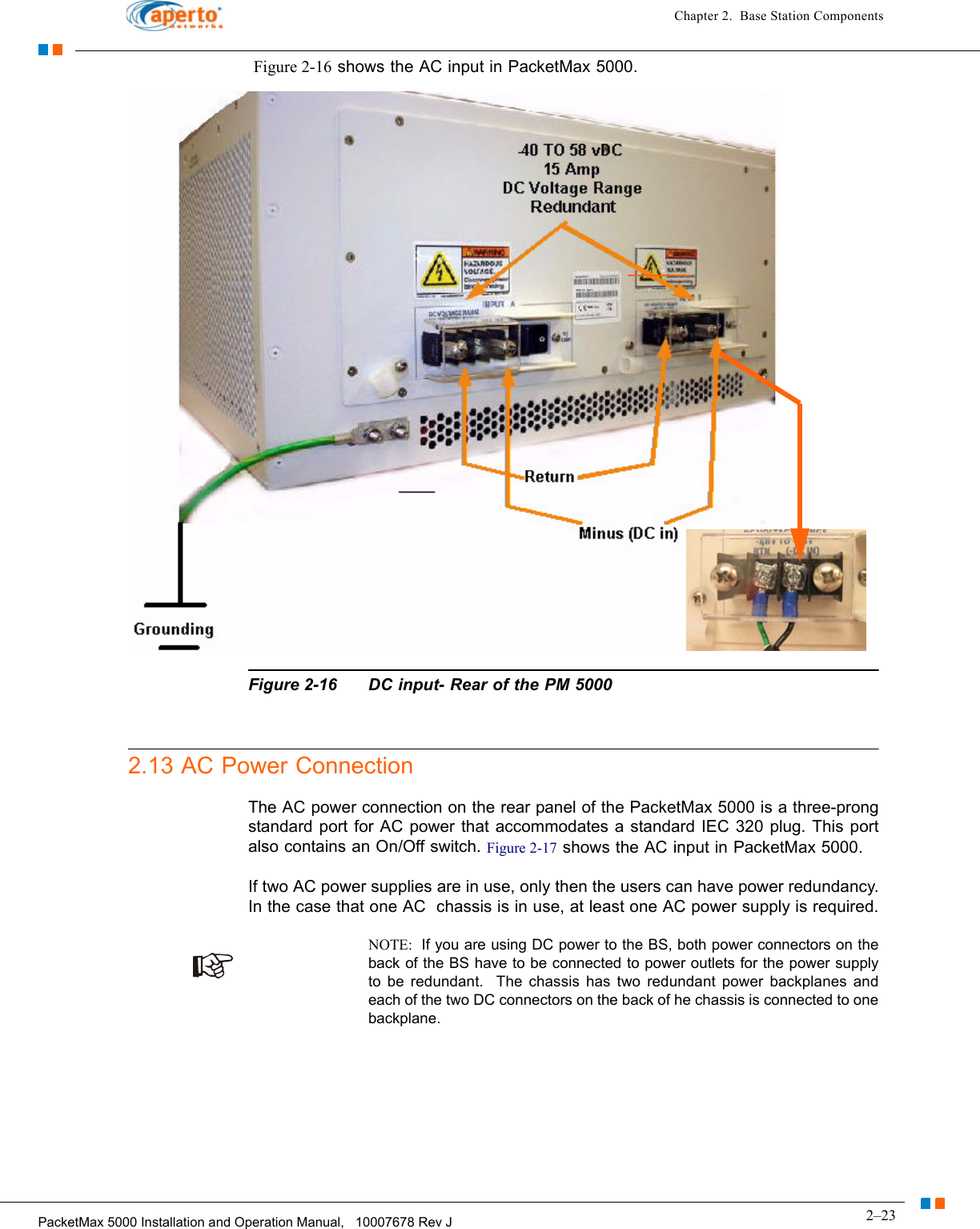 2–23PacketMax 5000 Installation and Operation Manual,   10007678 Rev JChapter 2.  Base Station Components Figure 2-16 shows the AC input in PacketMax 5000. Figure 2-16 DC input- Rear of the PM 50002.13 AC Power ConnectionThe AC power connection on the rear panel of the PacketMax 5000 is a three-prong standard port for AC power that accommodates a standard IEC 320 plug. This port also contains an On/Off switch. Figure 2-17 shows the AC input in PacketMax 5000. If two AC power supplies are in use, only then the users can have power redundancy. In the case that one AC  chassis is in use, at least one AC power supply is required.NOTE:  If you are using DC power to the BS, both power connectors on the back of the BS have to be connected to power outlets for the power supply to be redundant.  The chassis has two redundant power backplanes and each of the two DC connectors on the back of he chassis is connected to one backplane.