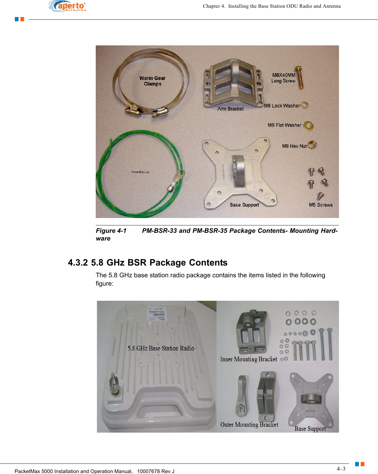 4–3PacketMax 5000 Installation and Operation Manual,   10007678 Rev JChapter 4.  Installing the Base Station ODU Radio and AntennaFigure 4-1 PM-BSR-33 and PM-BSR-35 Package Contents- Mounting Hard-ware4.3.2 5.8 GHz BSR Package ContentsThe 5.8 GHz base station radio package contains the items listed in the following figure: