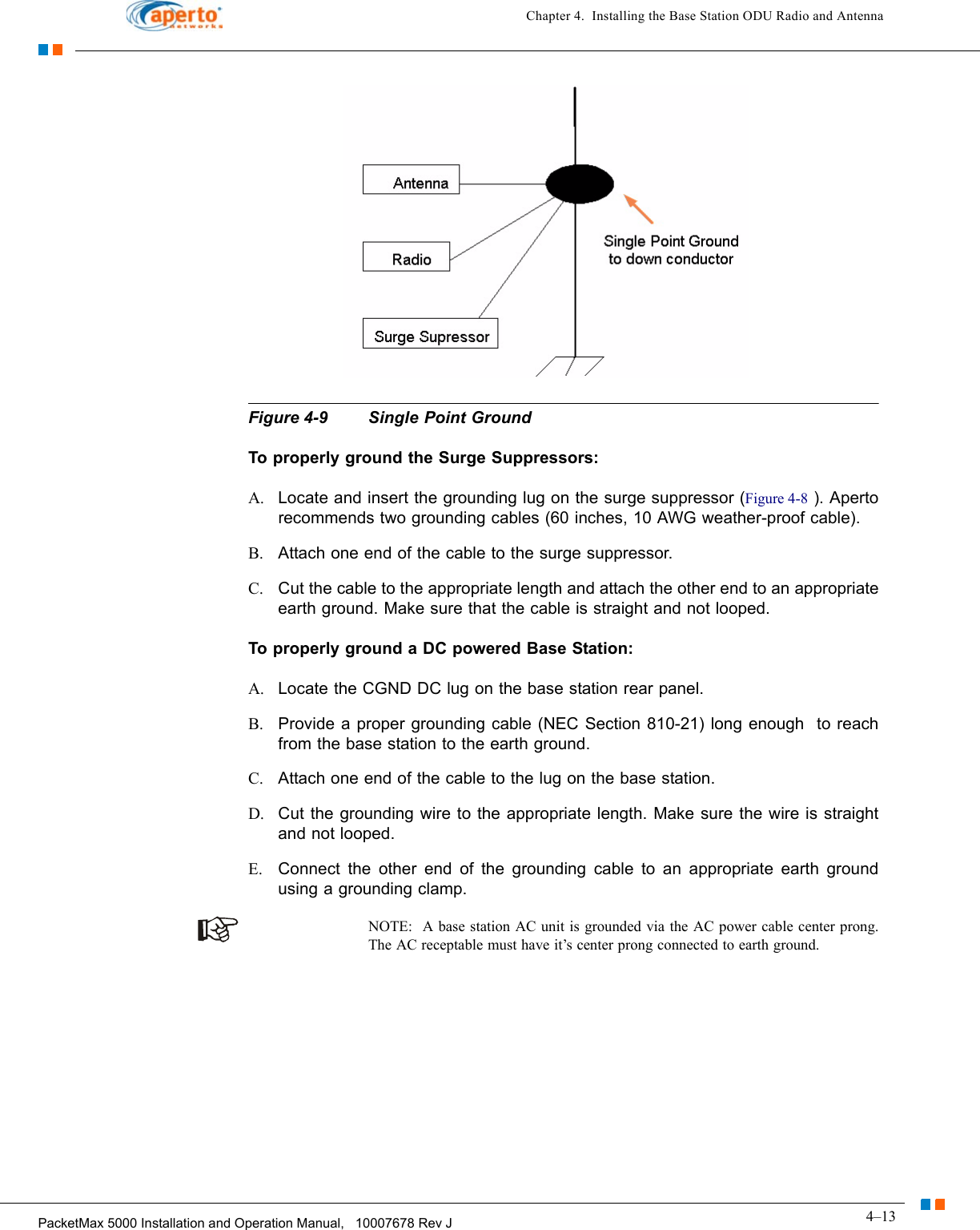 4–13PacketMax 5000 Installation and Operation Manual,   10007678 Rev JChapter 4.  Installing the Base Station ODU Radio and AntennaFigure 4-9 Single Point GroundTo properly ground the Surge Suppressors: A. Locate and insert the grounding lug on the surge suppressor (Figure 4-8 ). Aperto recommends two grounding cables (60 inches, 10 AWG weather-proof cable). B. Attach one end of the cable to the surge suppressor. C. Cut the cable to the appropriate length and attach the other end to an appropriate earth ground. Make sure that the cable is straight and not looped.To properly ground a DC powered Base Station: A. Locate the CGND DC lug on the base station rear panel.B. Provide a proper grounding cable (NEC Section 810-21) long enough  to reach from the base station to the earth ground. C. Attach one end of the cable to the lug on the base station. D. Cut the grounding wire to the appropriate length. Make sure the wire is straight and not looped. E. Connect the other end of the grounding cable to an appropriate earth ground using a grounding clamp. NOTE:  A base station AC unit is grounded via the AC power cable center prong. The AC receptable must have it’s center prong connected to earth ground.